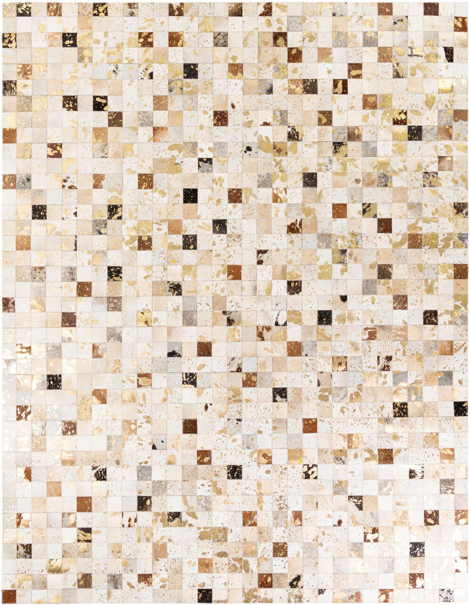 A rectangular 8x10 modern cowhide rug featuring a mosaic of multi-colored squares with gold metallic accents.