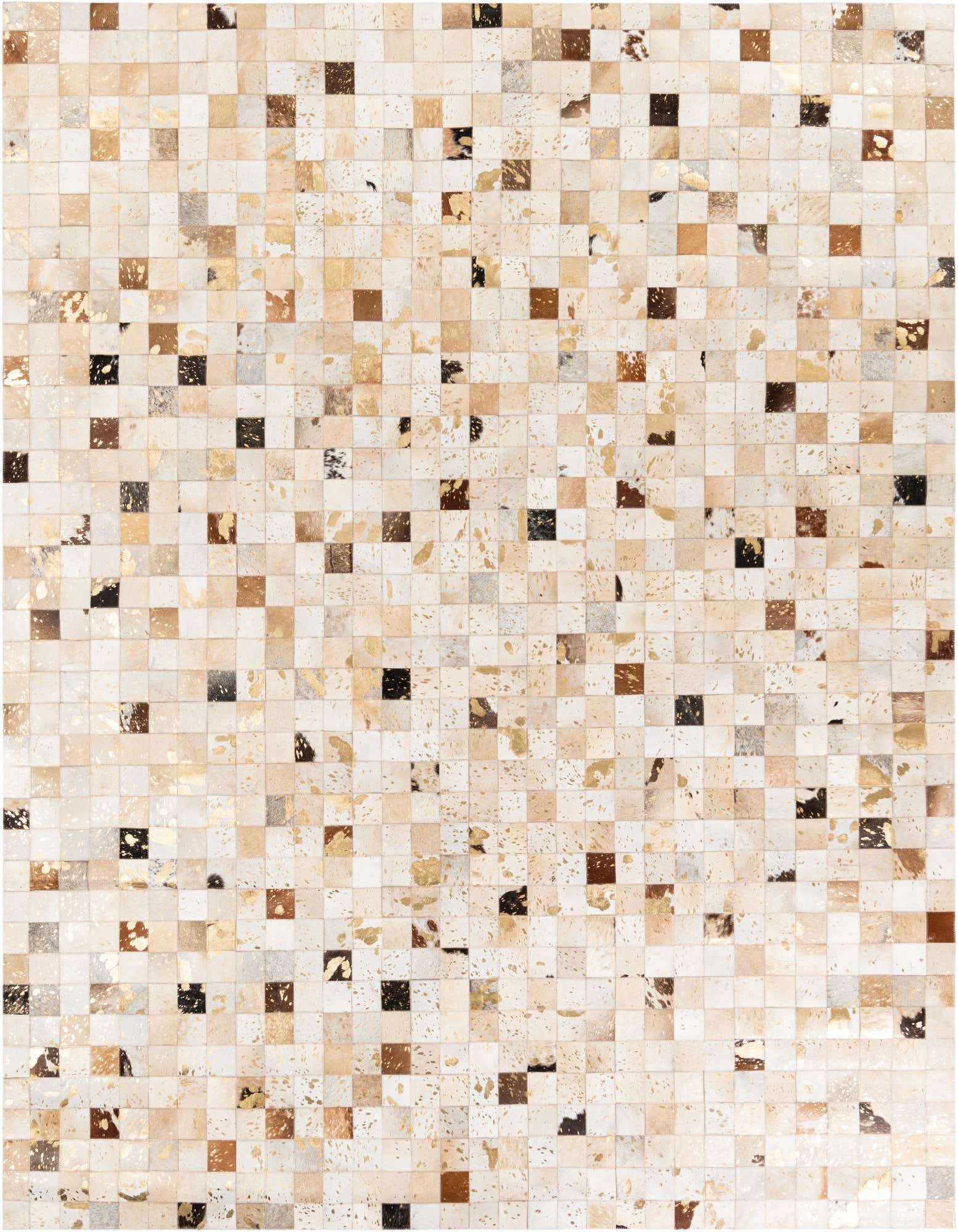 A rectangular 8x10 multi-colored modern cowhide rug with a mosaic pattern of natural hide squares in varying shades of white, cream, beige, brown, and black, with some squares featuring metallic gold accents.
