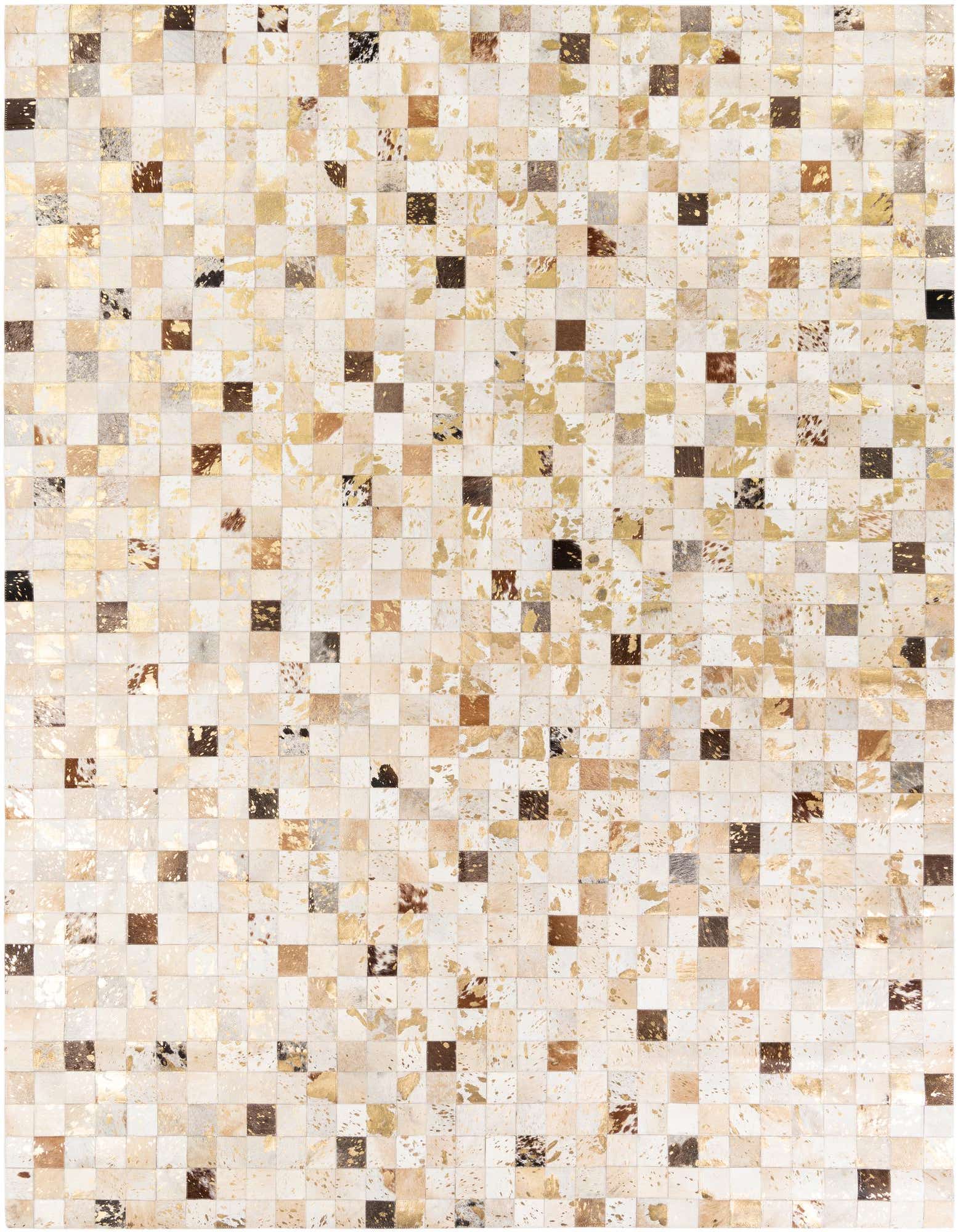 A rectangular 8x10 modern cowhide rug featuring a multi-colored patchwork of natural hide squares with metallic gold accents.