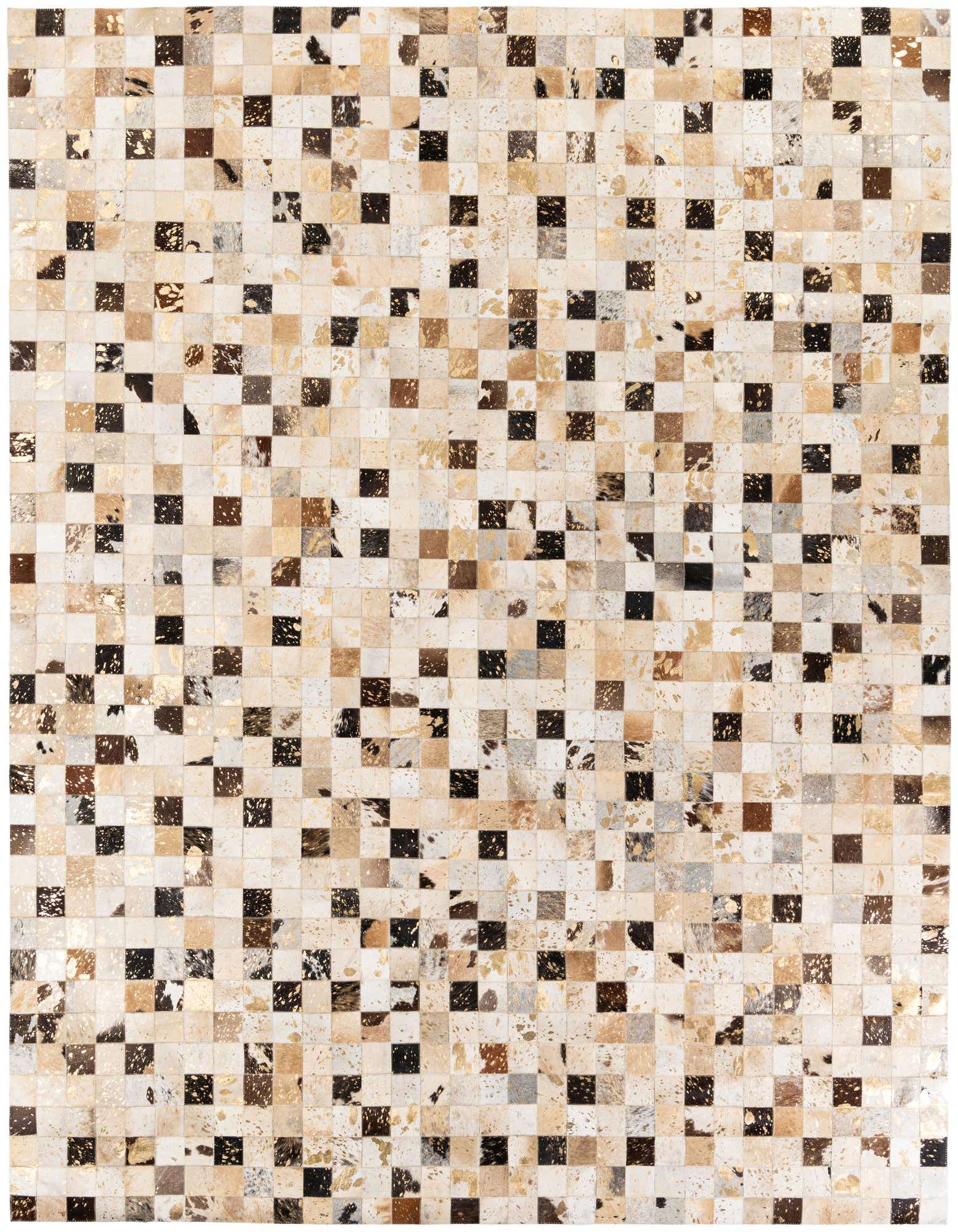 A rectangular 8x10 modern cowhide rug with a mosaic pattern of multi-colored squares, featuring natural brown, black, white, and gold metallic accents.