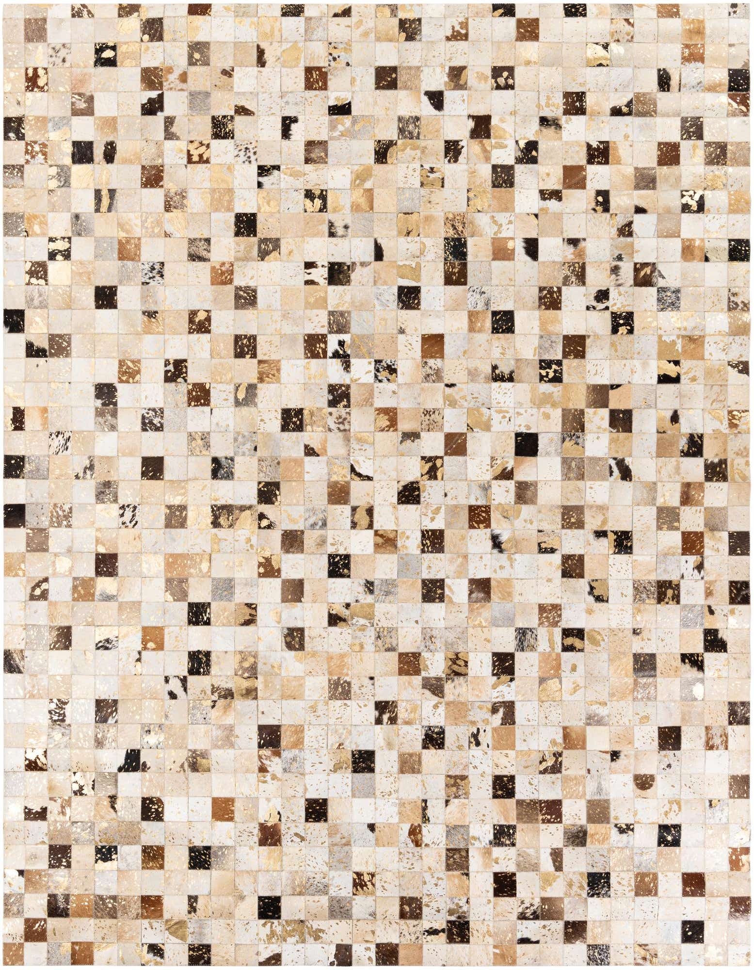 A rectangular 8x10 modern cowhide rug with a multi-colored checkered pattern, featuring squares of natural hide in shades of brown, beige, black, and white.