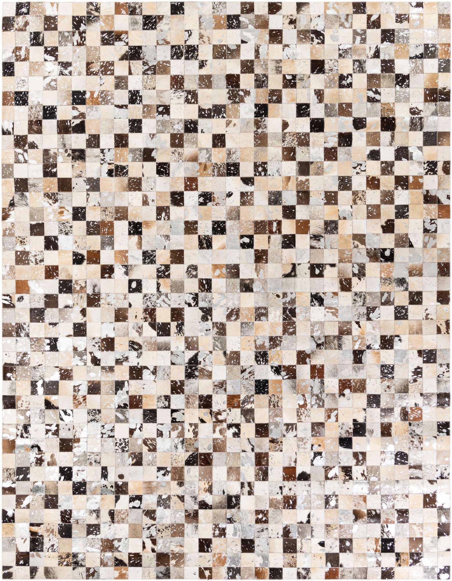A rectangular 8x10 multi-colored cowhide rug with a modern checkered pattern, ideal for a living room.