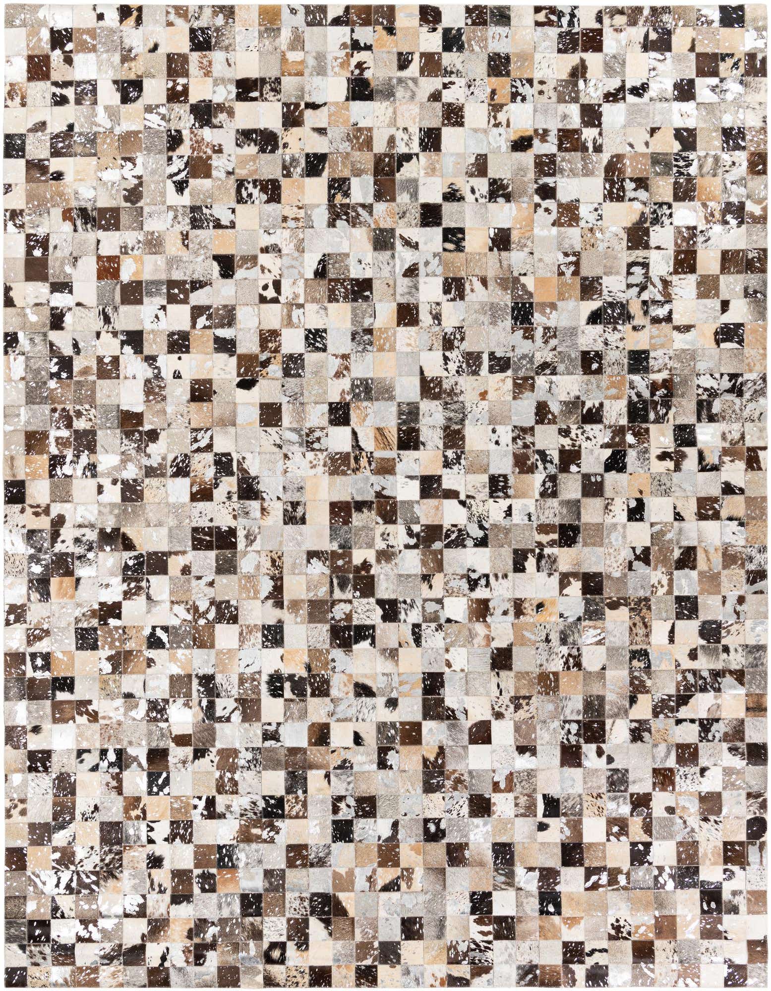 A rectangular 8x10 multi-colored cowhide rug featuring a modern checkerboard pattern of brown, black, white, and beige squares.