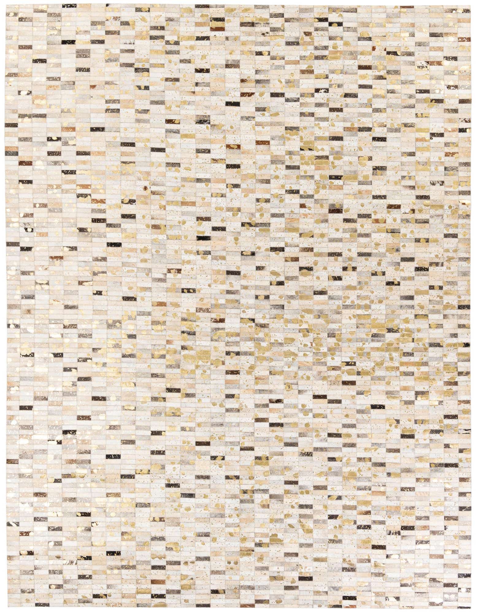 A rectangular 8x10 multi-colored modern cowhide rug featuring a mosaic pattern of light, dark, and gold-flecked rectangular patches.