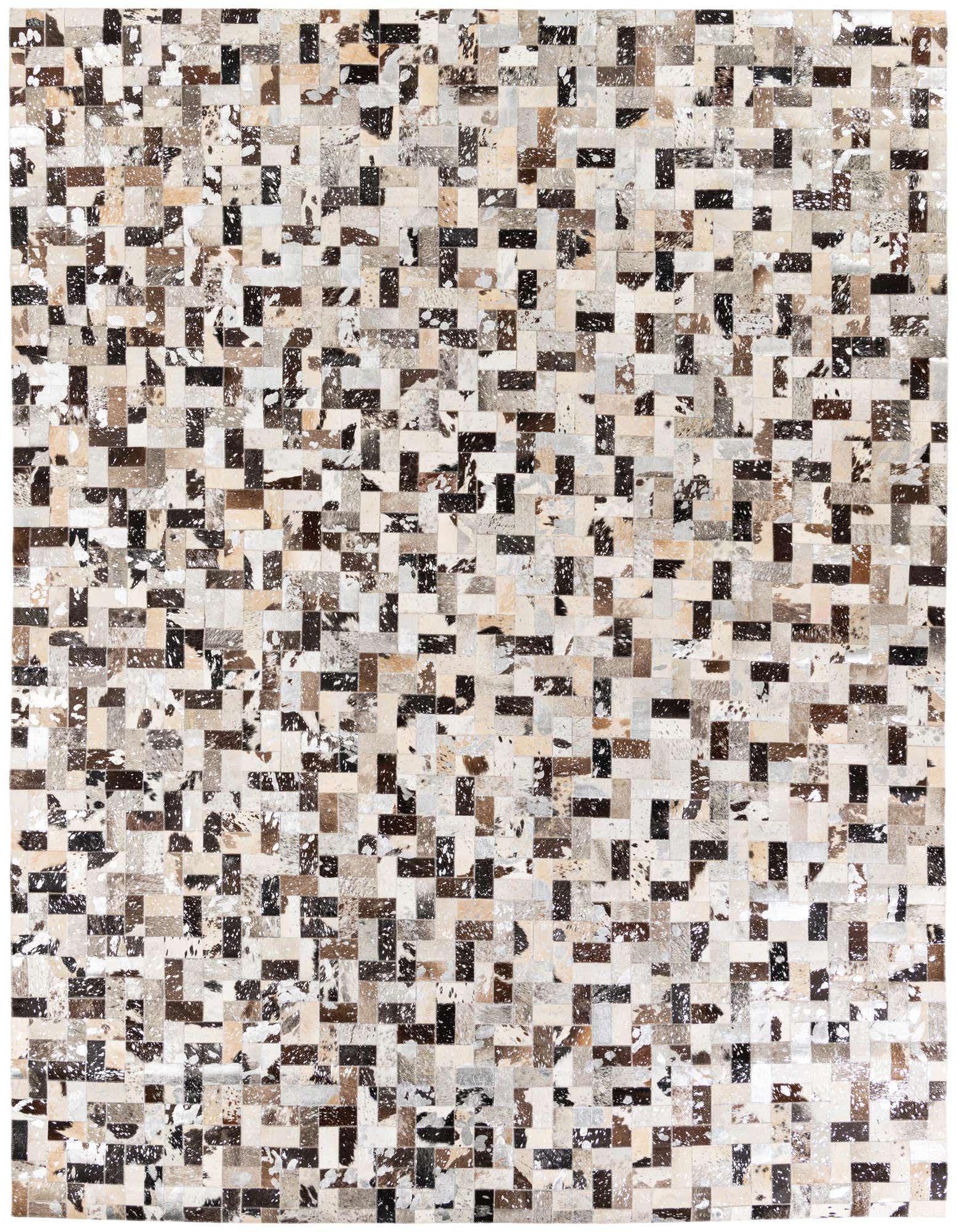 A rectangular 8x10 modern cowhide rug featuring a multi-colored patchwork design in various shades of brown, black, beige, and white.