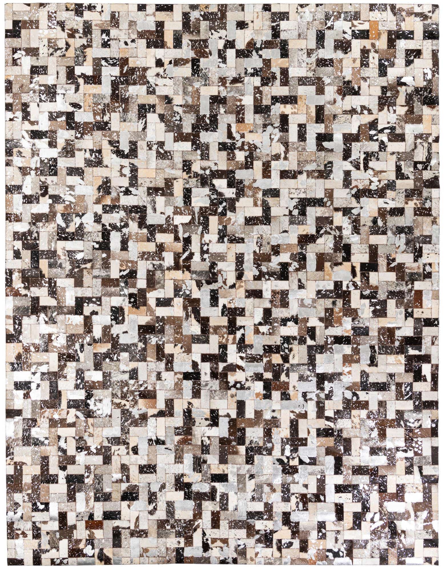 A rectangular 8x10 multi-colored modern cowhide rug with a patchwork design, ideal for a living room.