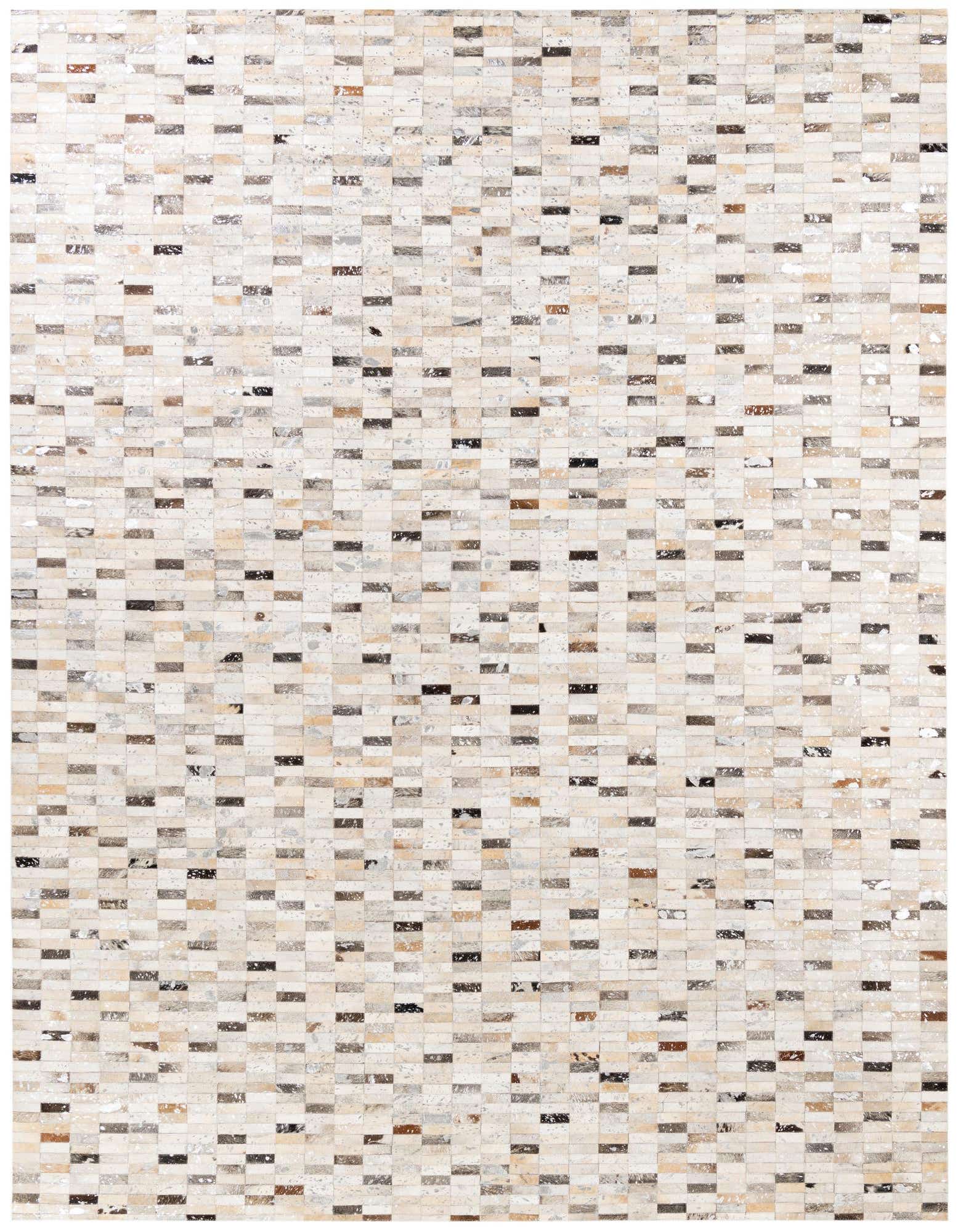 A rectangular 8x10 multi-colored modern cowhide rug with a mosaic pattern of small rectangular patches in shades of cream, beige, brown, and black.