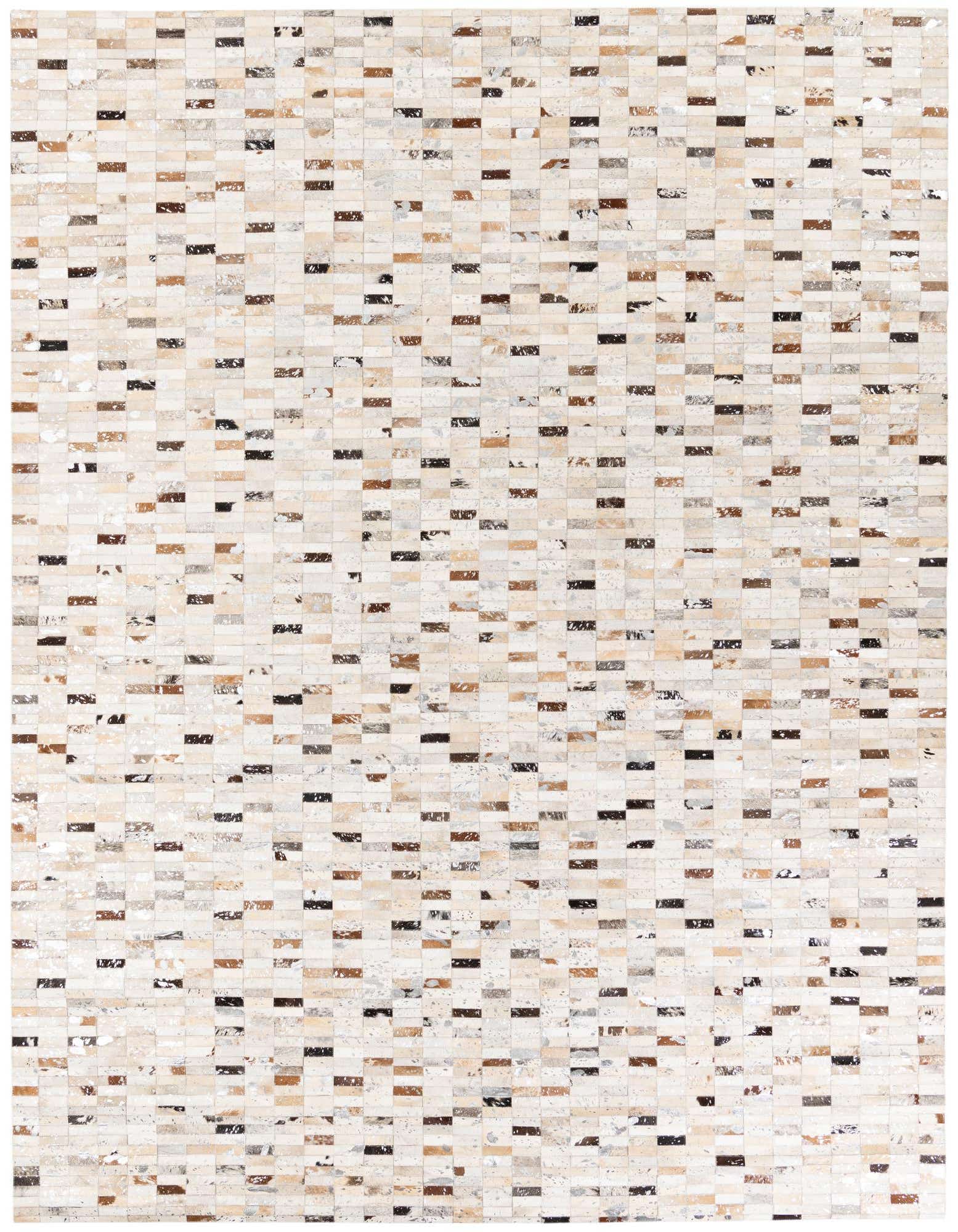 A rectangular 8x10 multi-colored modern cowhide rug with a patchwork design of various natural brown, black, and cream tones.