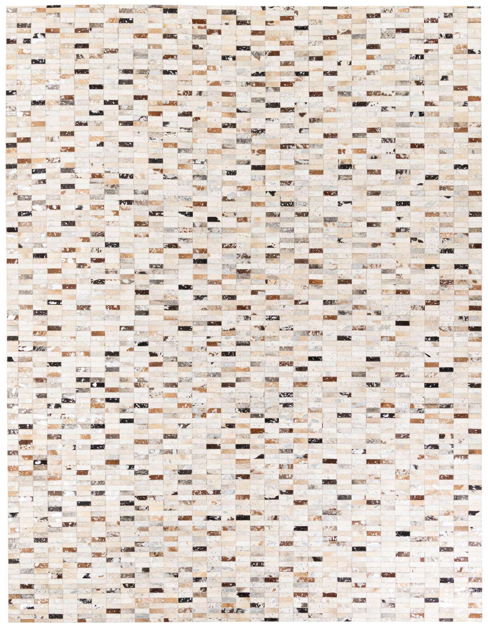 A rectangular 8x10 modern cowhide rug with a multi-colored patchwork pattern of natural cream, brown, and black hides.