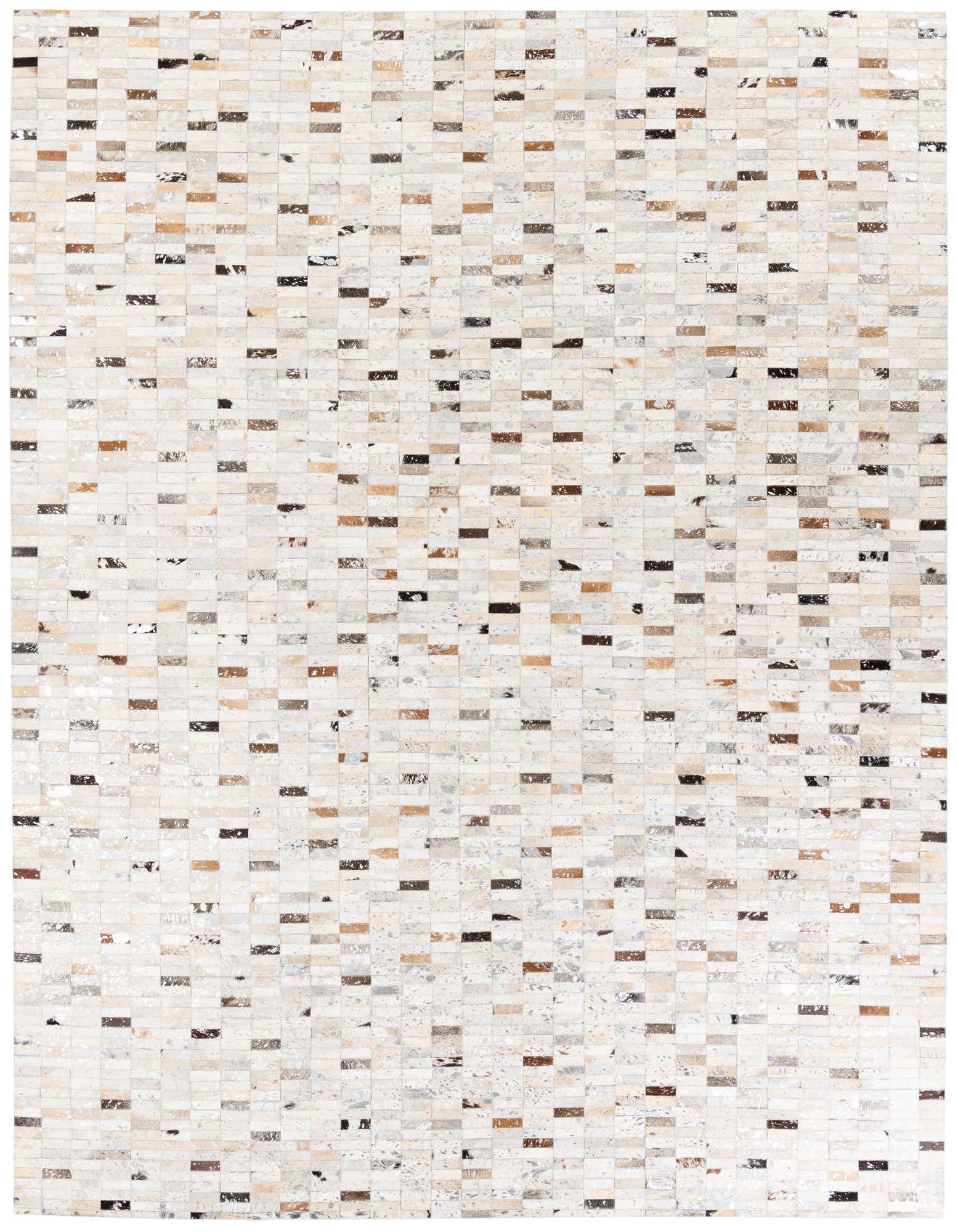 A rectangular 8x10 multi-colored modern cowhide rug with a patchwork pattern of various natural hide tones.