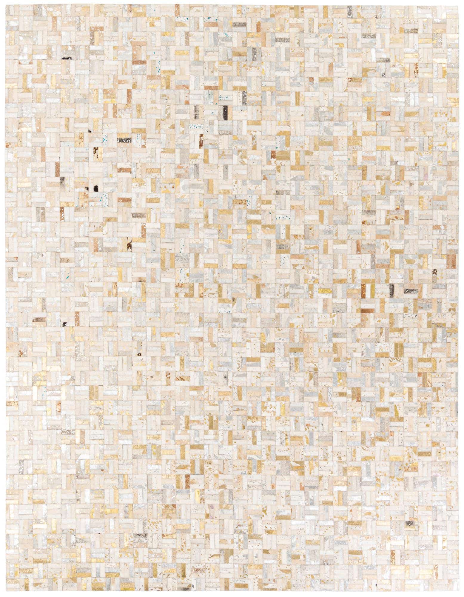 A rectangular 8x10 multi-colored modern cowhide rug featuring a mosaic pattern of small, varied rectangular patches in shades of white, cream, beige, brown, and metallic gold.