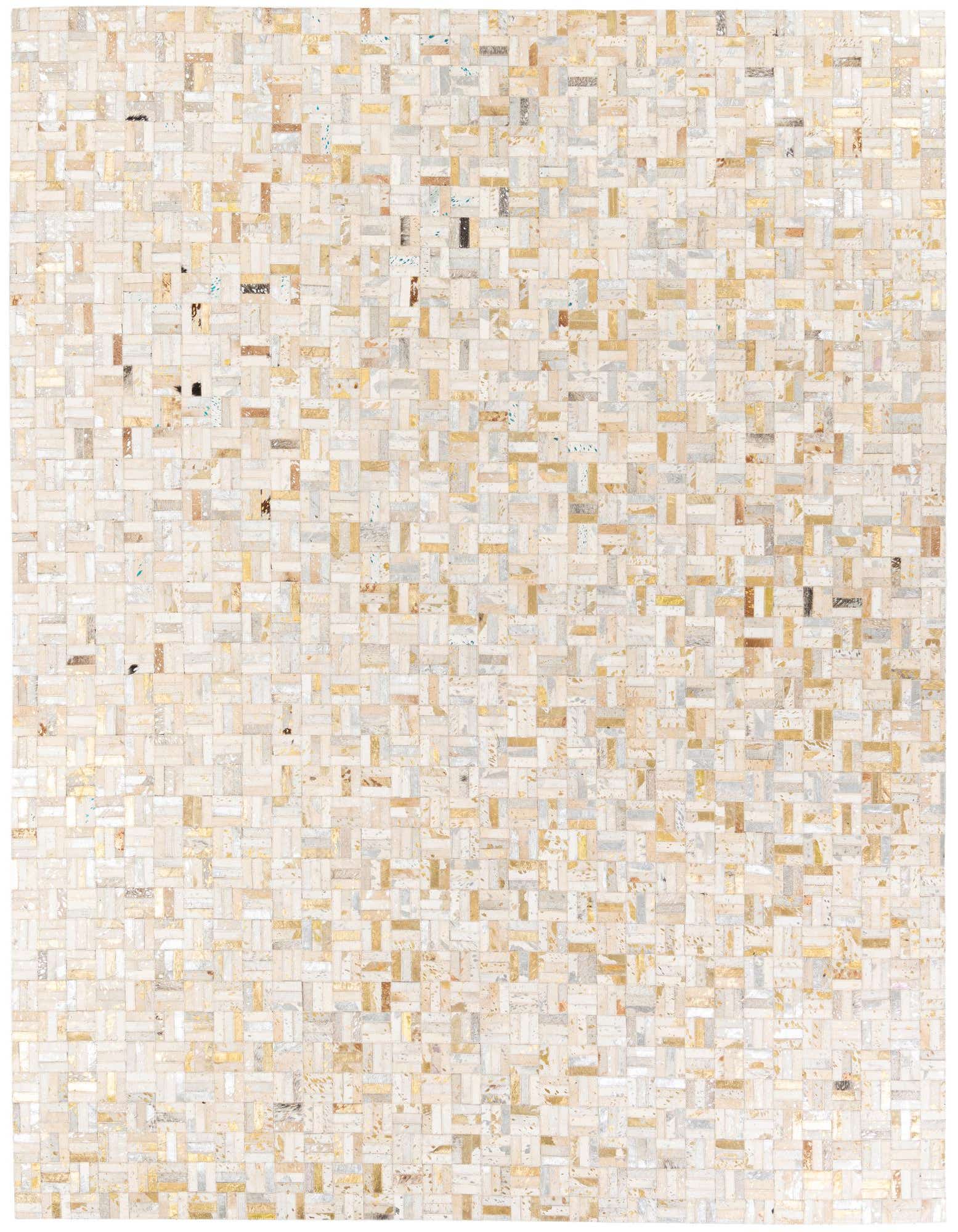 A rectangular 8x10 modern cowhide rug featuring a mosaic pattern of multi-colored, rectangular leather patches in shades of beige, gold, and light gray.