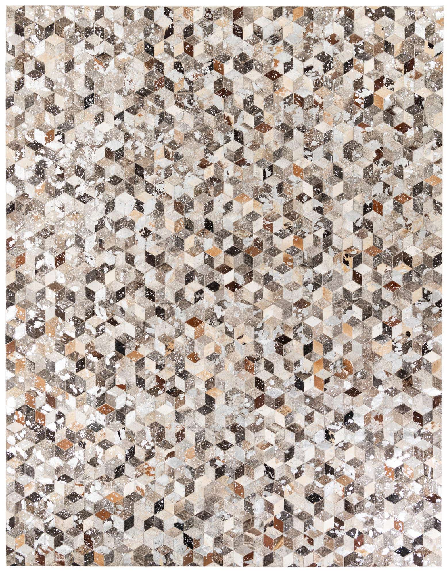 A rectangular 8x10 multi-colored modern cowhide rug featuring a geometric cube pattern in shades of brown, black, beige, and white.