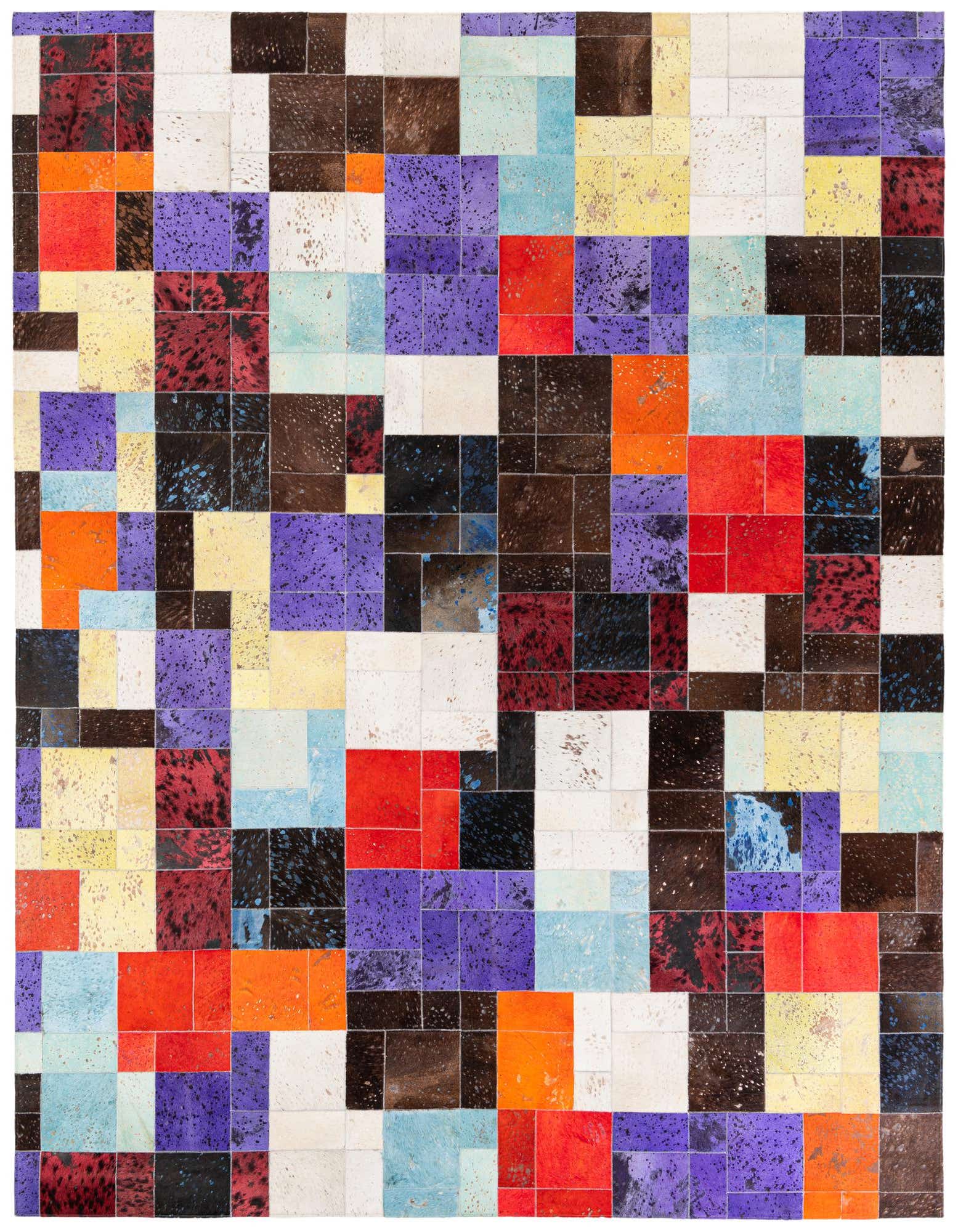 A vibrant 8x10 rectangular modern rug made from multi-colored cowhide and leather patches, perfect for a living room.