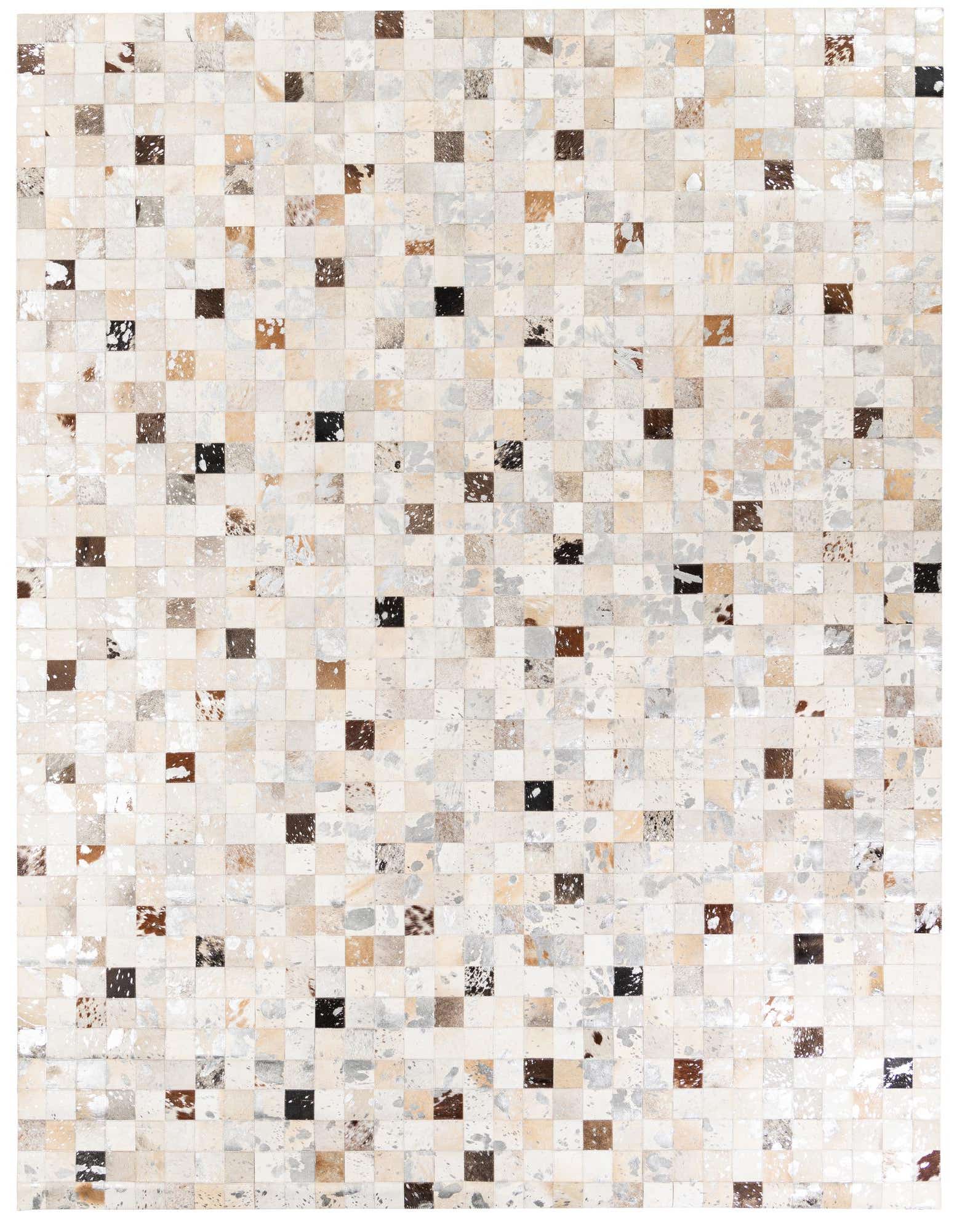 A rectangular 8x10 multi-colored modern cowhide rug with a patchwork design of light and dark brown, black, and cream squares.