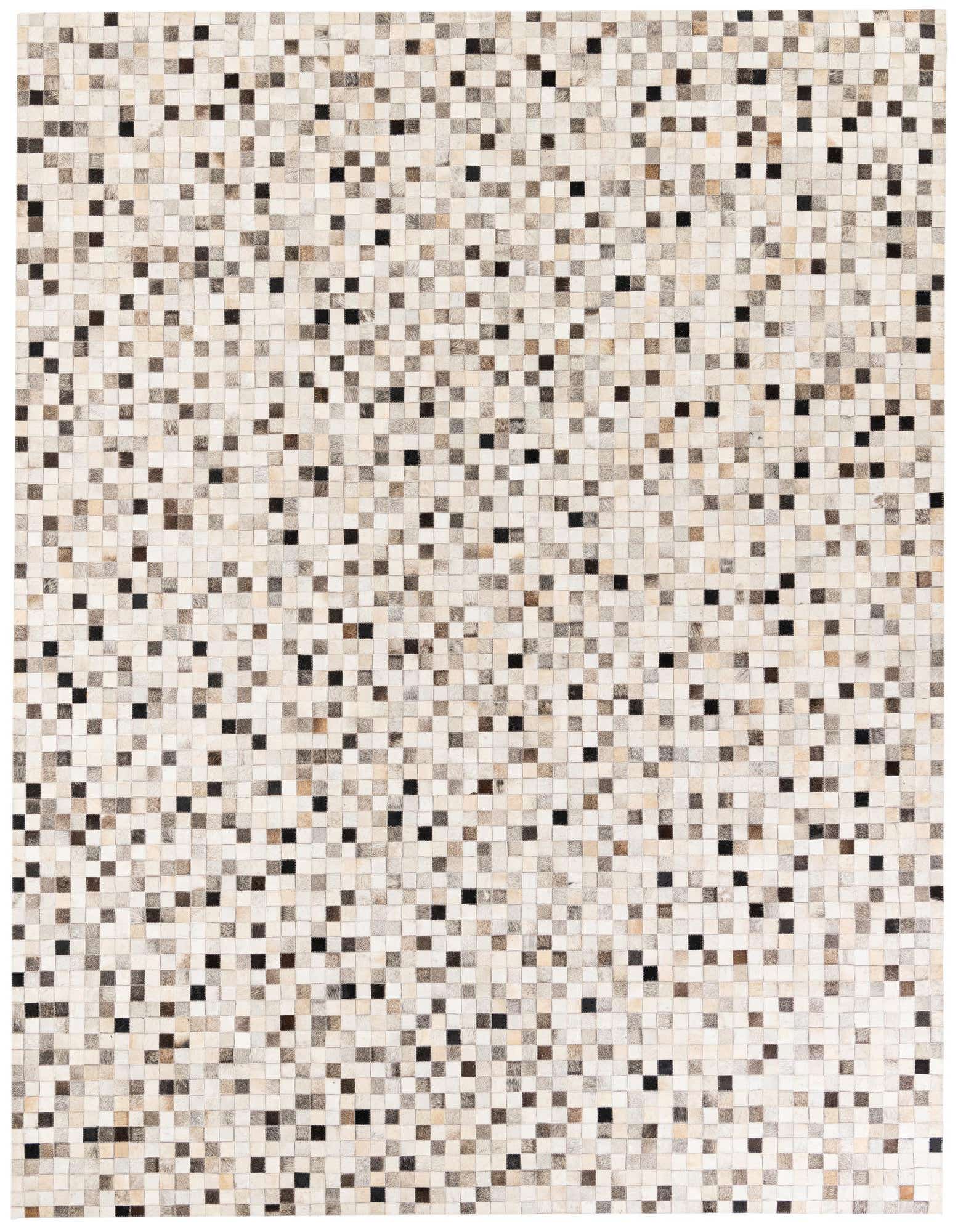 A rectangular 8x10 multi-colored cowhide rug with a modern mosaic pattern, featuring small squares of varying natural hide tones including white, beige, brown, and black.