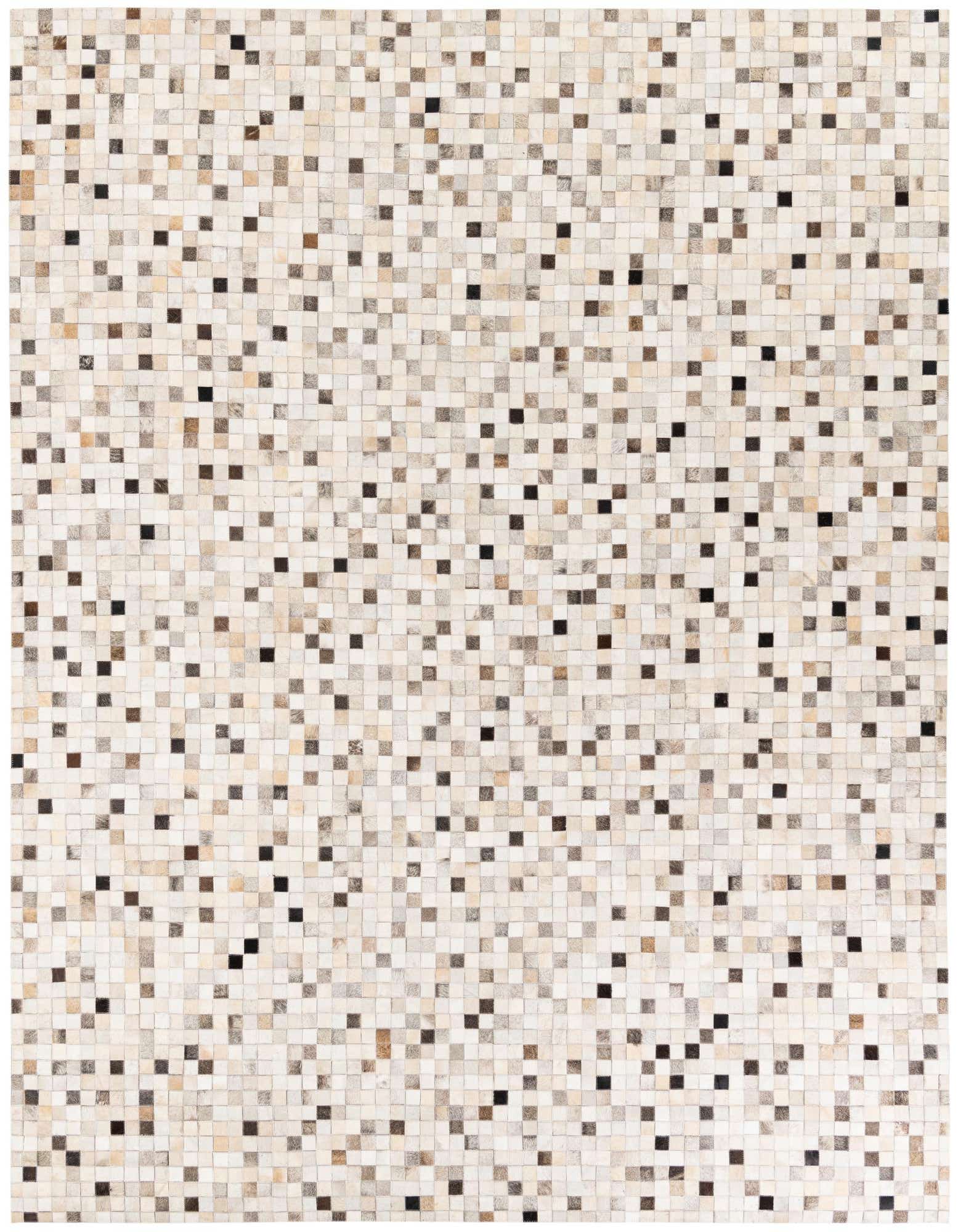 A rectangular 8x10 modern rug made from small, multi-colored cowhide and leather squares, featuring shades of white, beige, brown, and black.