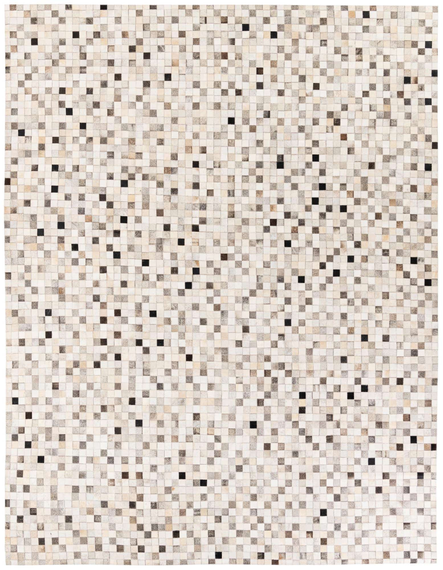 A rectangular 8x10 modern cowhide rug with a pixelated pattern of multi-colored squares in shades of white, beige, brown, and black.