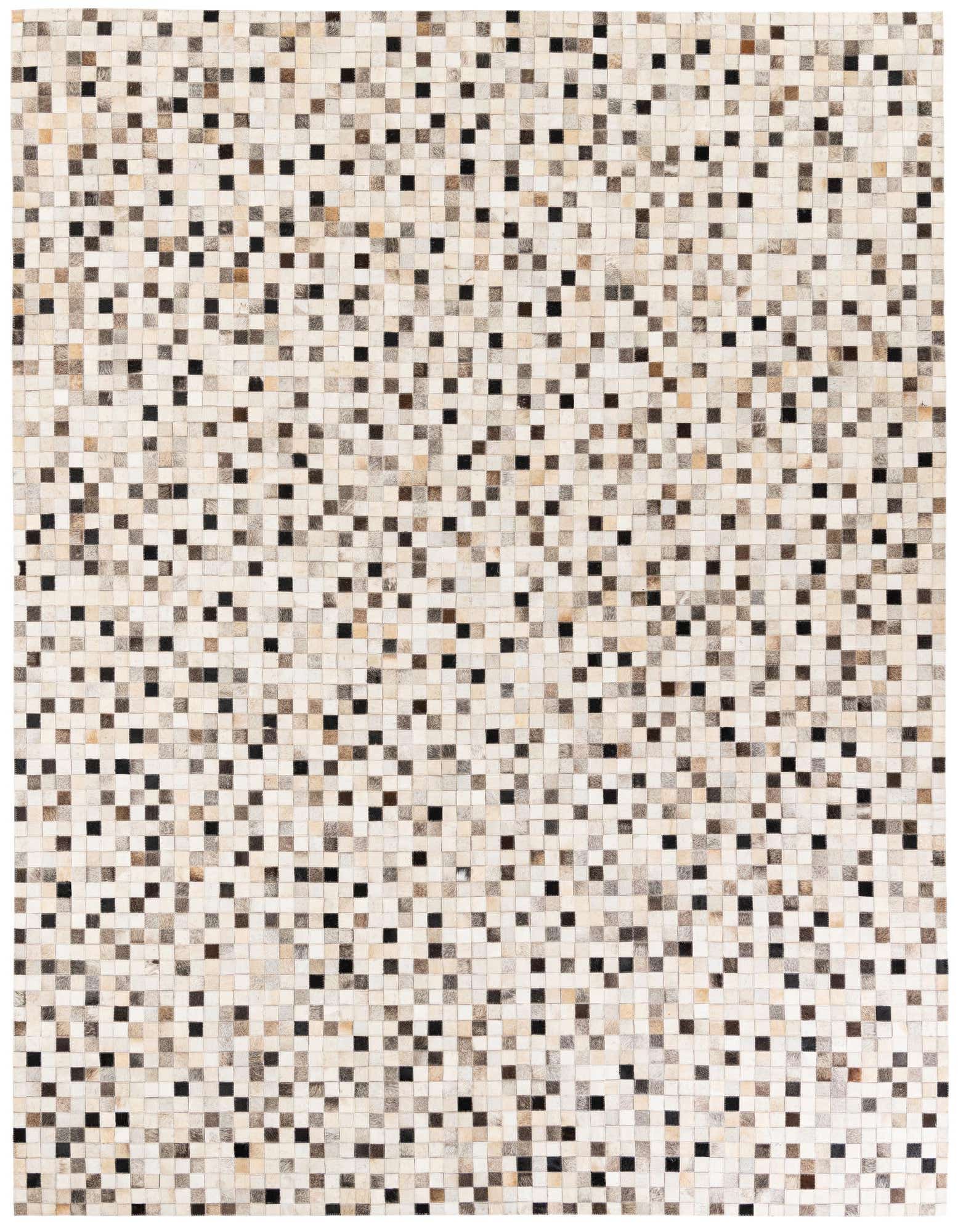 8x10 rectangular Cowhide Stocks rug featuring a modern mosaic pattern of multi-colored cowhide squares in shades of white, beige, brown, and black.