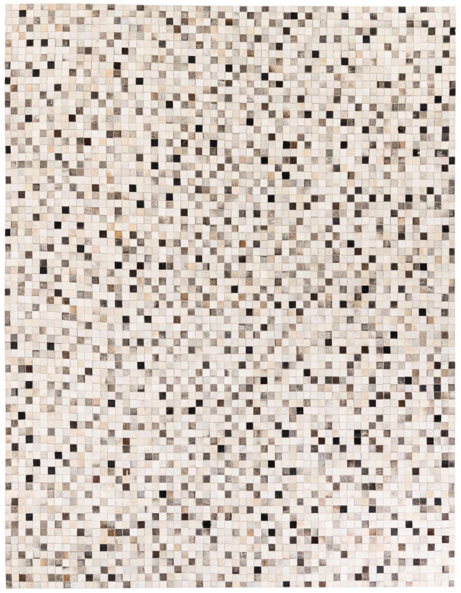 A rectangular 8x10 multi-colored modern cowhide rug with a mosaic pattern of small squares in varying shades of black, brown, and cream.