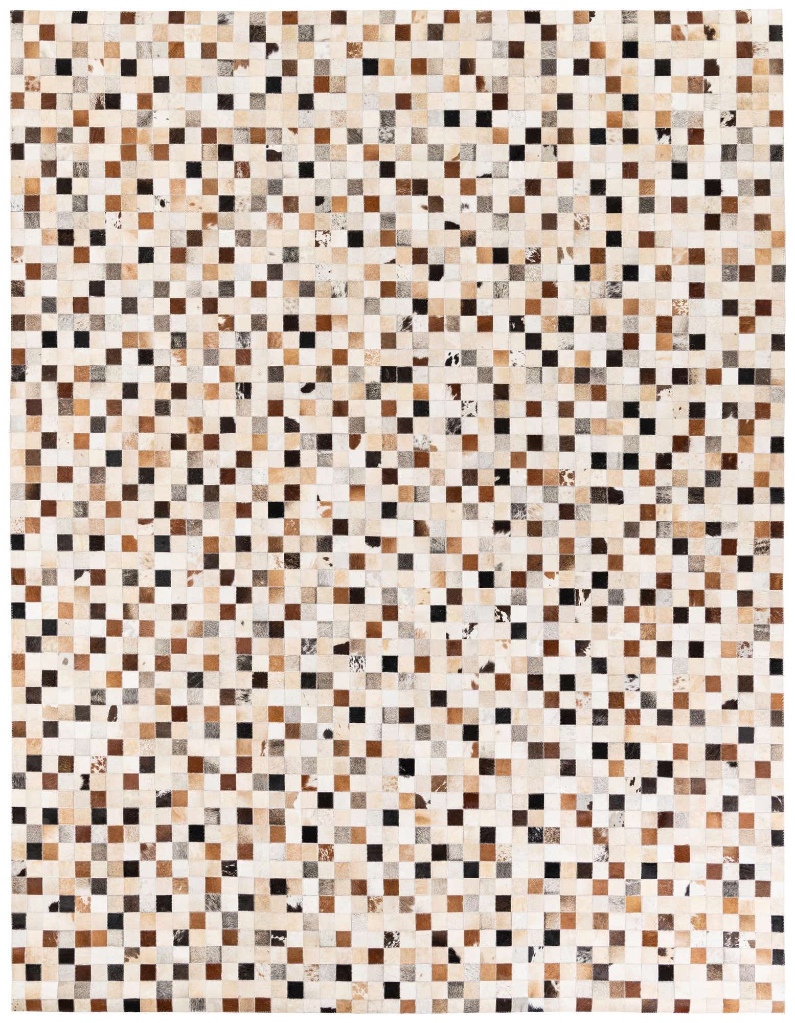 A rectangular 8x10 multi-colored modern cowhide rug with a mosaic pattern of small squares in shades of brown, black, and cream.