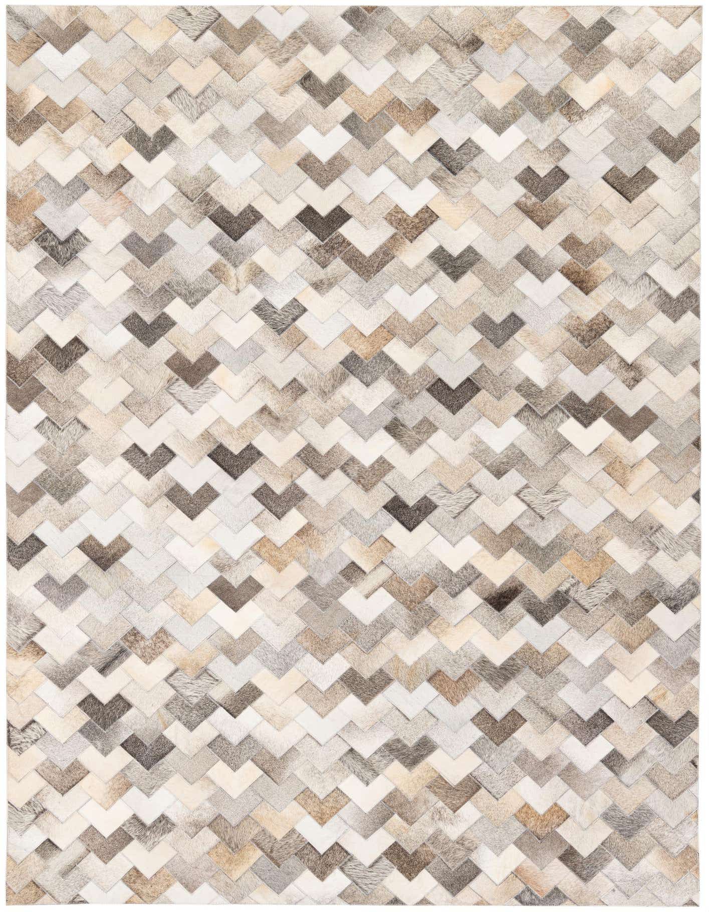 A rectangular 5x8 multi-colored cowhide rug featuring a modern chevron stripe pattern in varying shades of brown, beige, and cream.