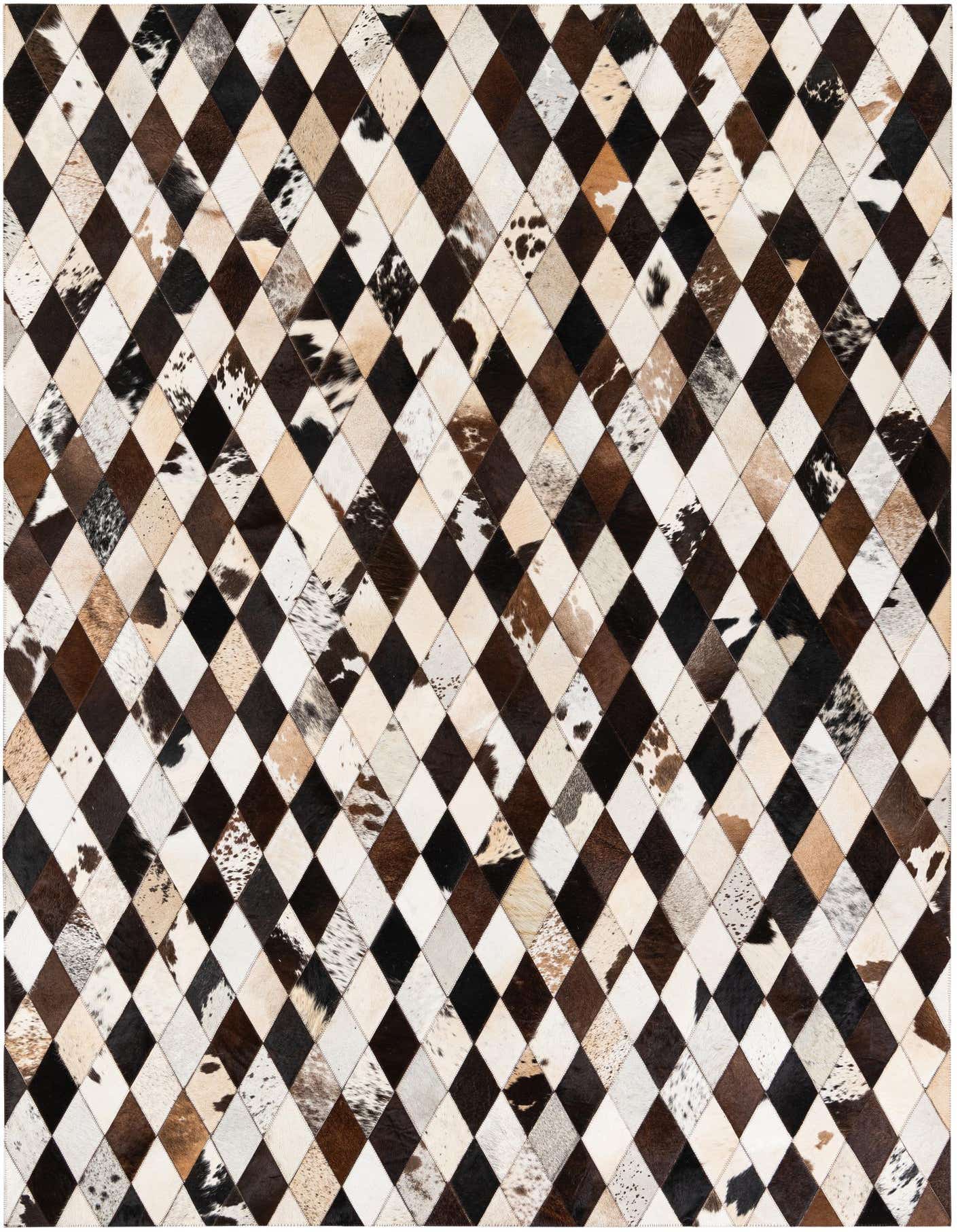 A 5x8 rectangular Cowhide Stocks rug featuring a modern diamond patchwork pattern in multi-colored natural cowhide and leather.