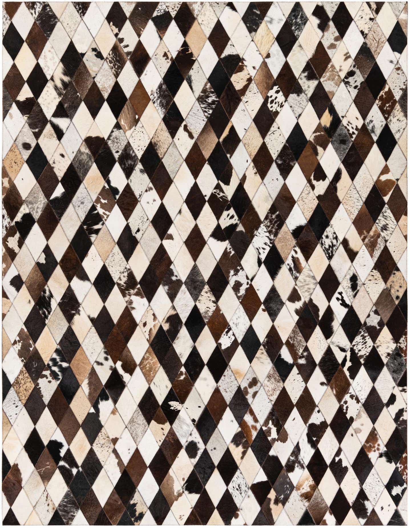 A rectangular 5x8 modern cowhide rug featuring a multi-colored diamond pattern in shades of brown, black, and white.