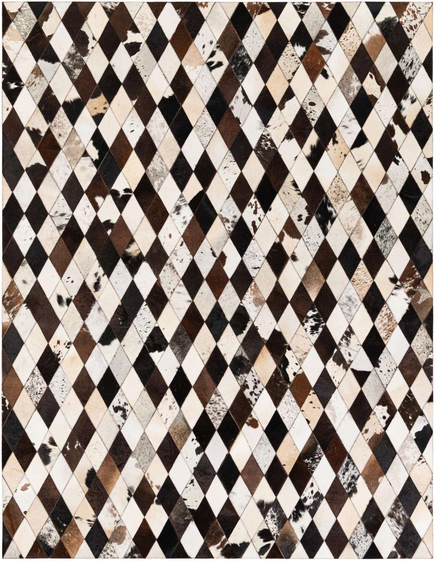 A 5x8 rectangular Cowhide Stocks rug featuring a modern diamond patchwork pattern in multi-colored natural cowhide and leather.
