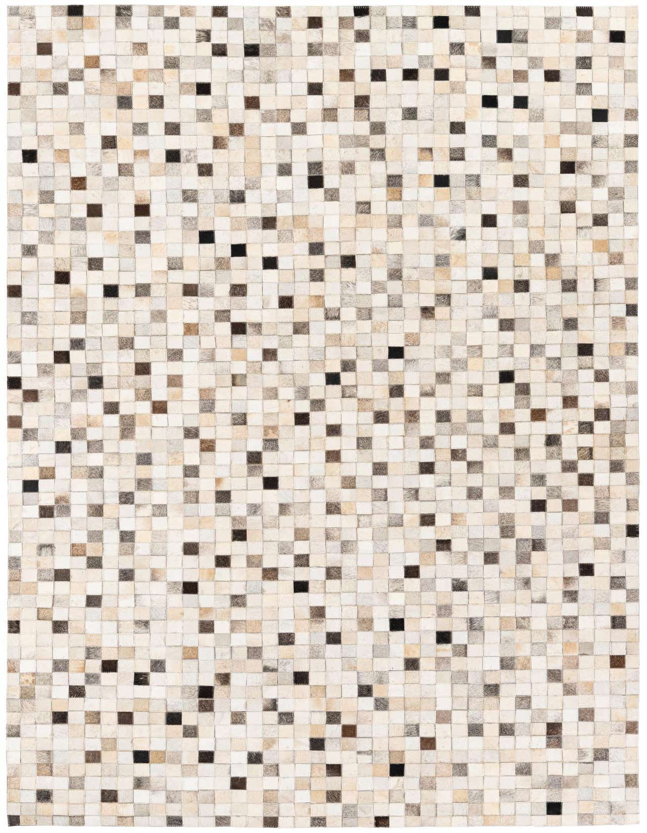 A rectangular 5x8 modern cowhide rug featuring a mosaic pattern of multi-colored squares in shades of white, beige, brown, and black.