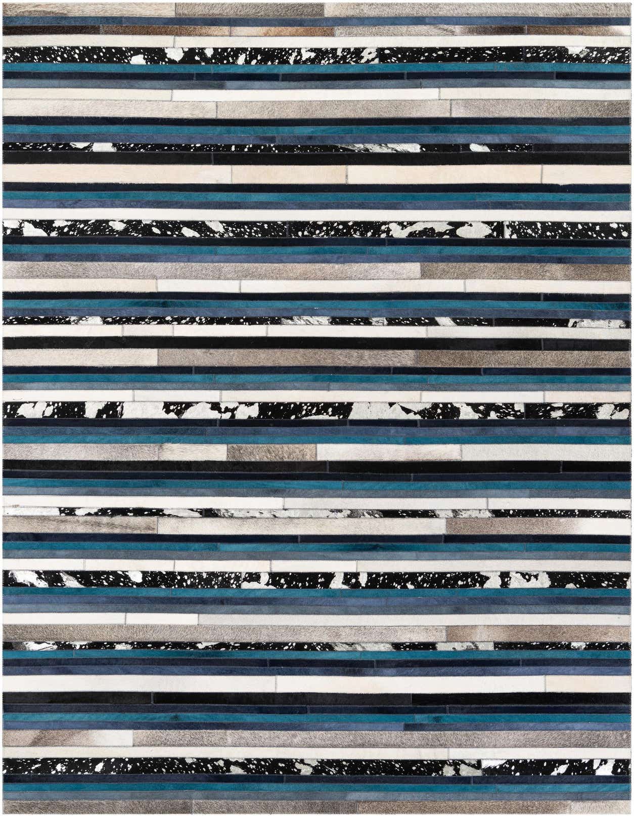 A rectangular 5x8 modern stripe rug made of cowhide and leather, featuring horizontal bands of multi-colored blues, grays, black, and white.