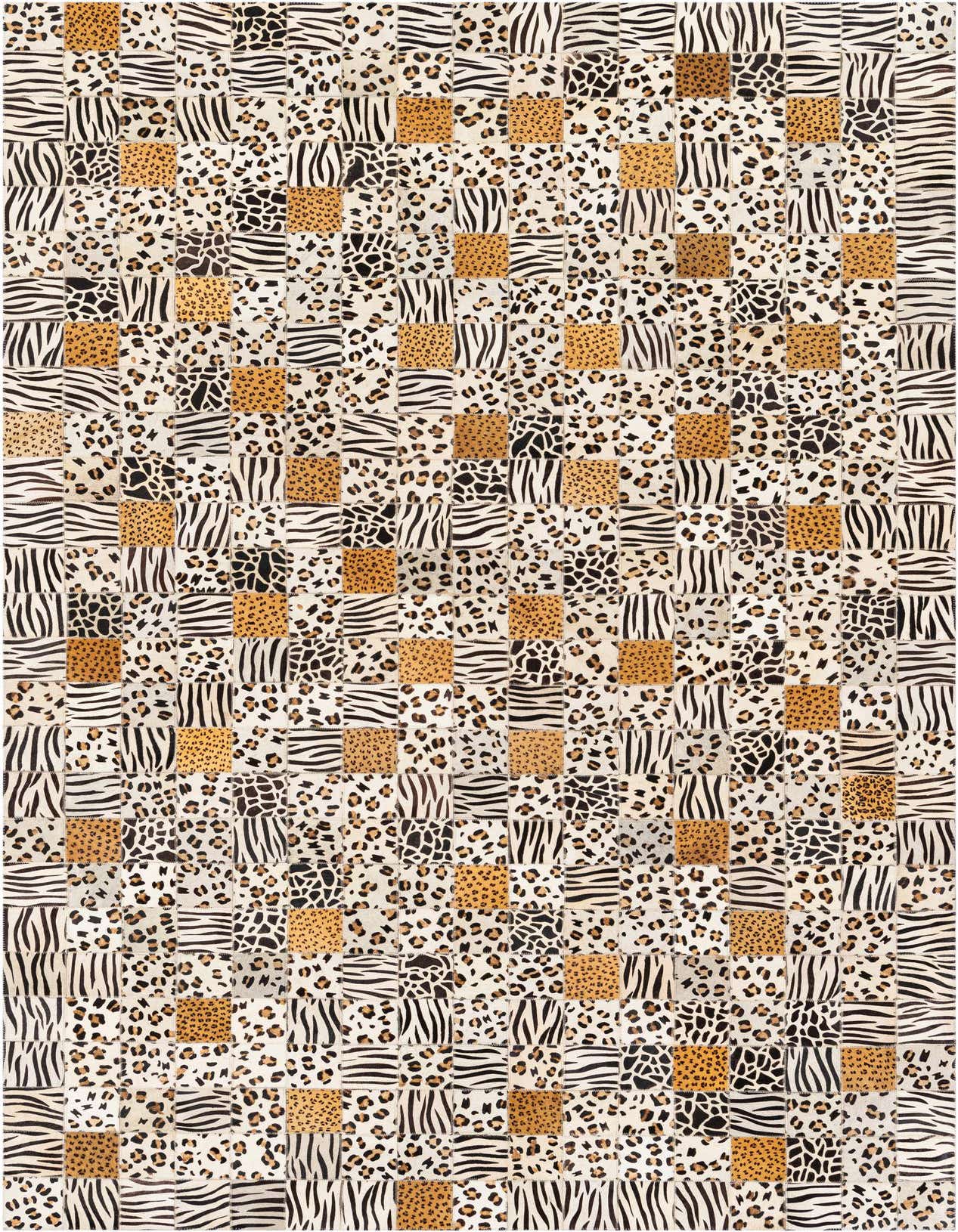 A 5x8 rectangular Cowhide Stocks rug featuring a modern patchwork of zebra, leopard, and cheetah animal prints in multi-colored tones.