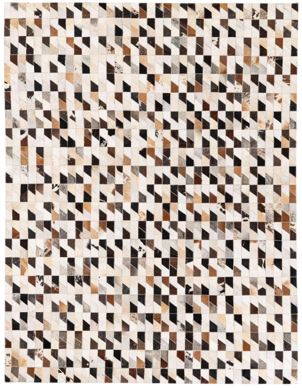 A 5x8 rectangular Cowhide Stocks rug by Rugs.com featuring a modern geometric pattern in multi-colored natural cowhide patches.