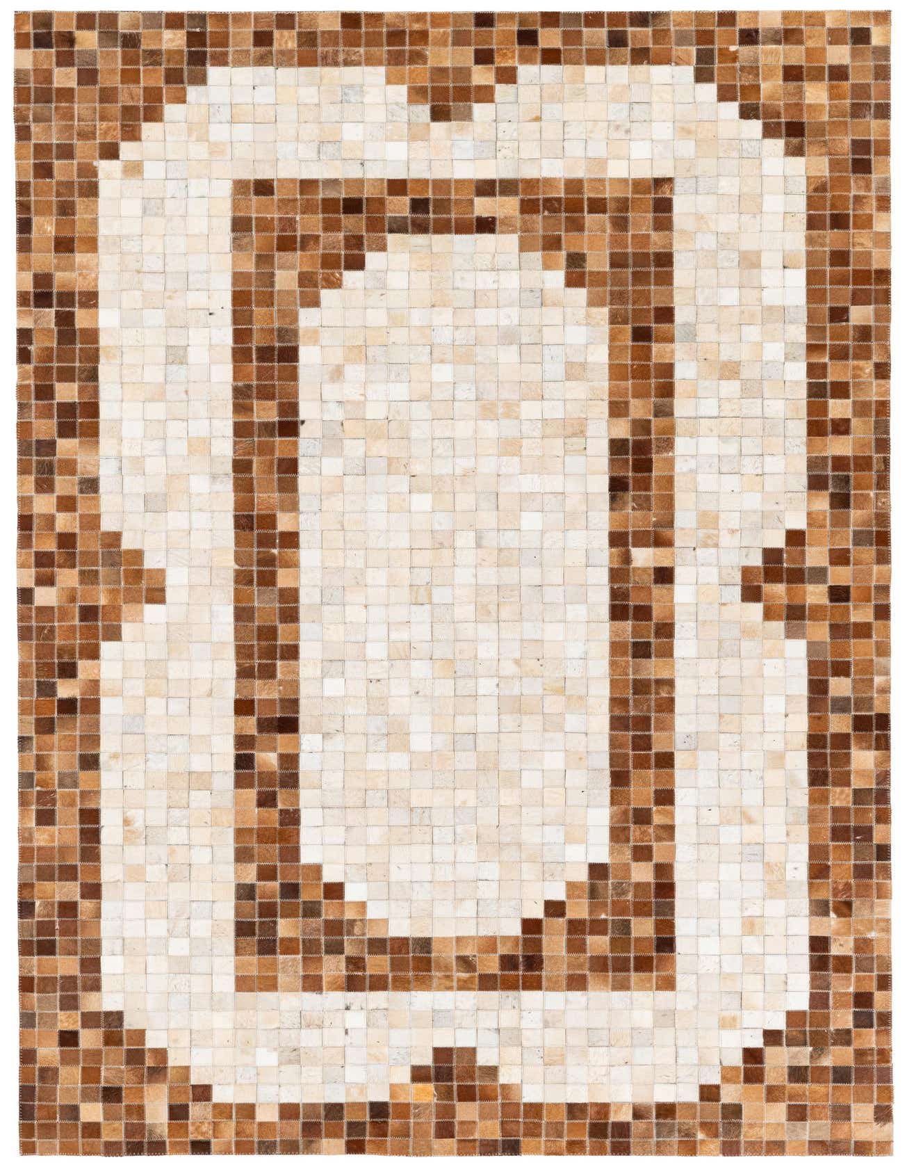 A rectangular 5x8 modern cowhide rug with a multi-colored patchwork pattern, featuring a light center framed by a darker brown border.