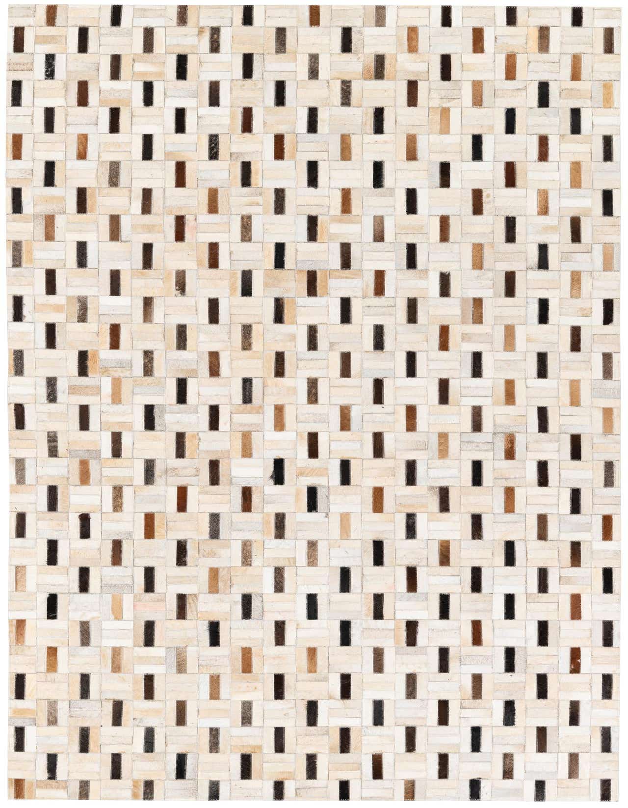 A 5x8 rectangular Cowhide Stocks rug by Rugs.com, featuring a modern patchwork of multi-colored cowhide and leather rectangles in cream, brown, and black.