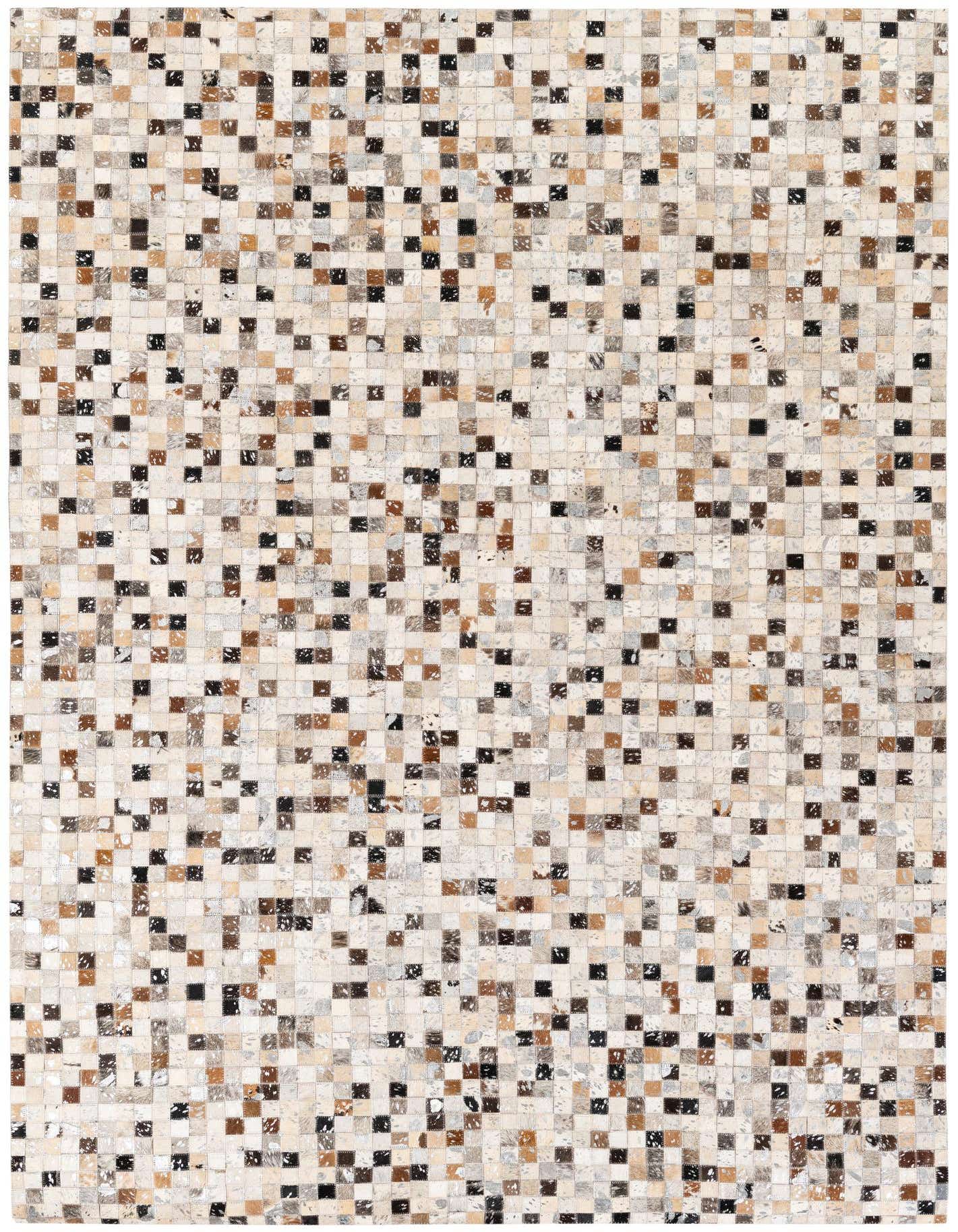 A 5x7 rectangular multi-colored modern cowhide rug with a patchwork of small squares in varying natural tones.