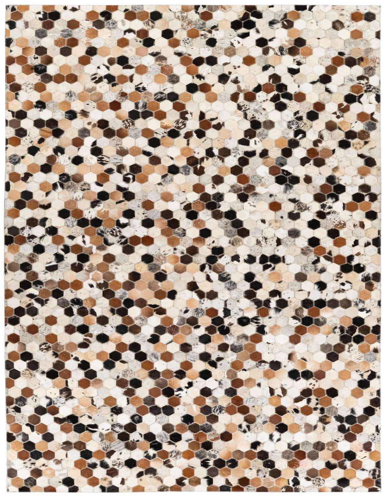 A 5x8 rectangular modern cowhide rug featuring a multi-colored hexagonal patchwork pattern in various natural brown, black, and white tones.