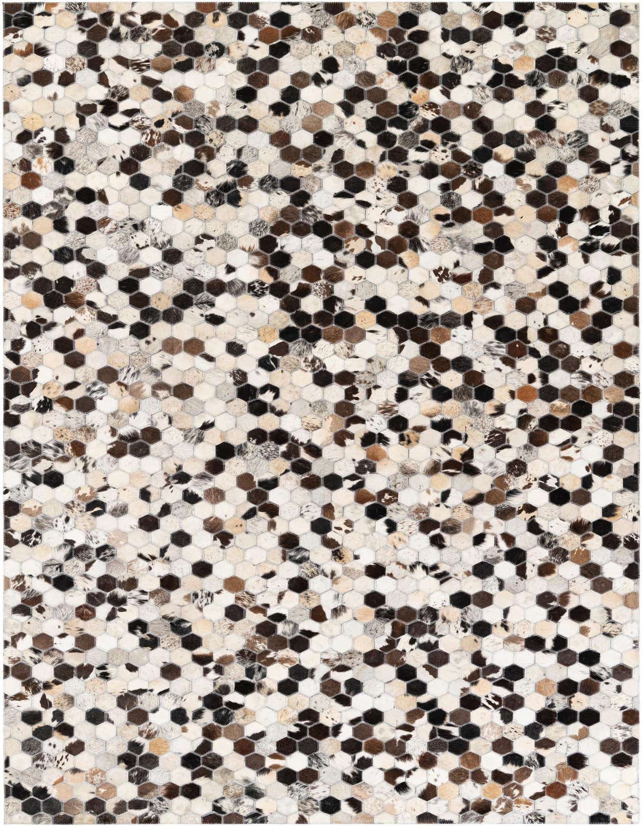 A 5x8 rectangular Cowhide Stocks rug by Rugs.com, featuring a modern multi-colored hexagonal pattern of natural cowhide patches in brown, black, and white tones.
