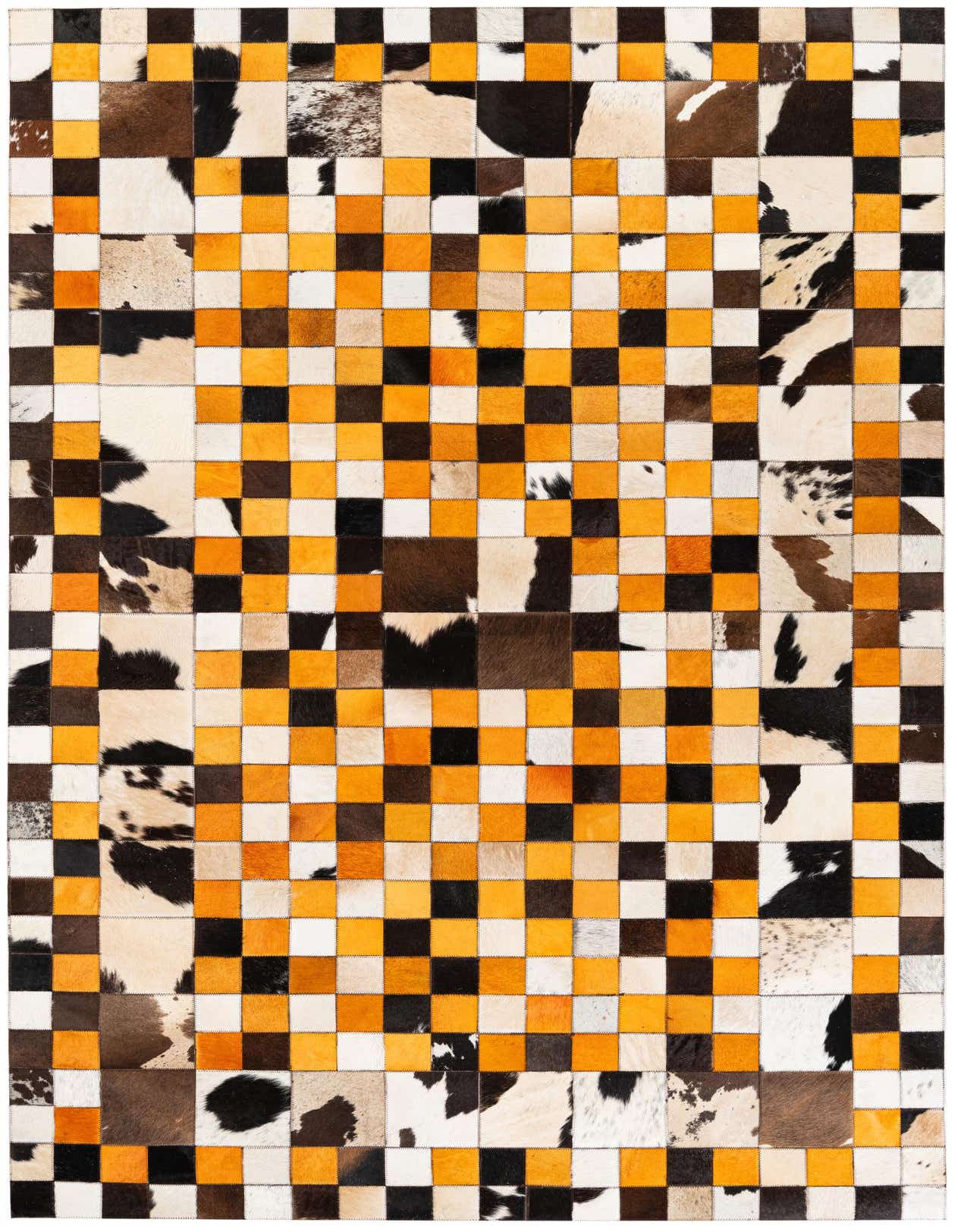 A 5x8 rectangular modern cowhide rug with a multi-colored checkerboard pattern, featuring patches of natural cowhide in black, white, brown, and tan, interspersed with solid orange and black squares.
