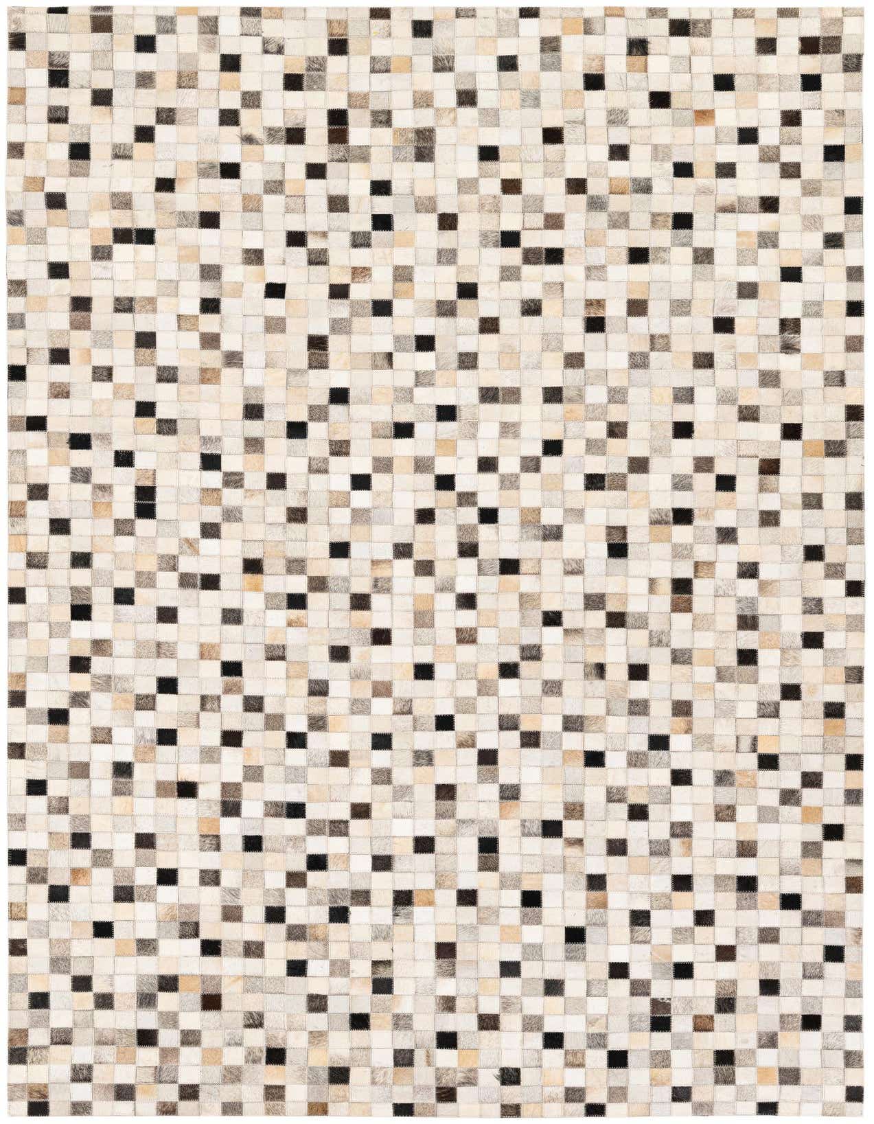 A rectangular 5x8 Cowhide Stocks rug from Rugs.com, featuring a modern patchwork of multi-colored cowhide squares in shades of cream, beige, brown, and black.