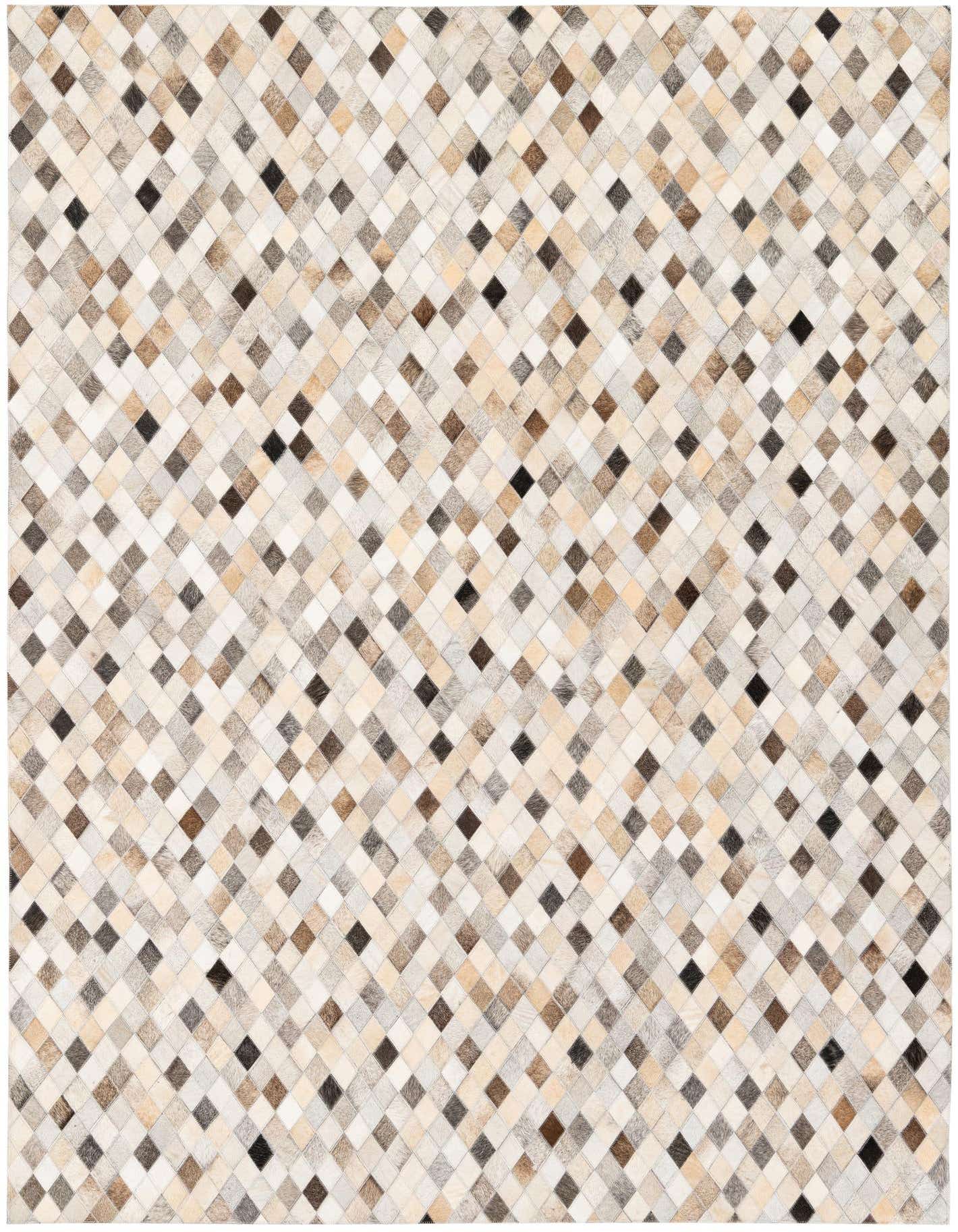A 5x8 rectangular Cowhide Stocks rug featuring a multi-colored patchwork geometric pattern in natural brown, black, and cream tones.