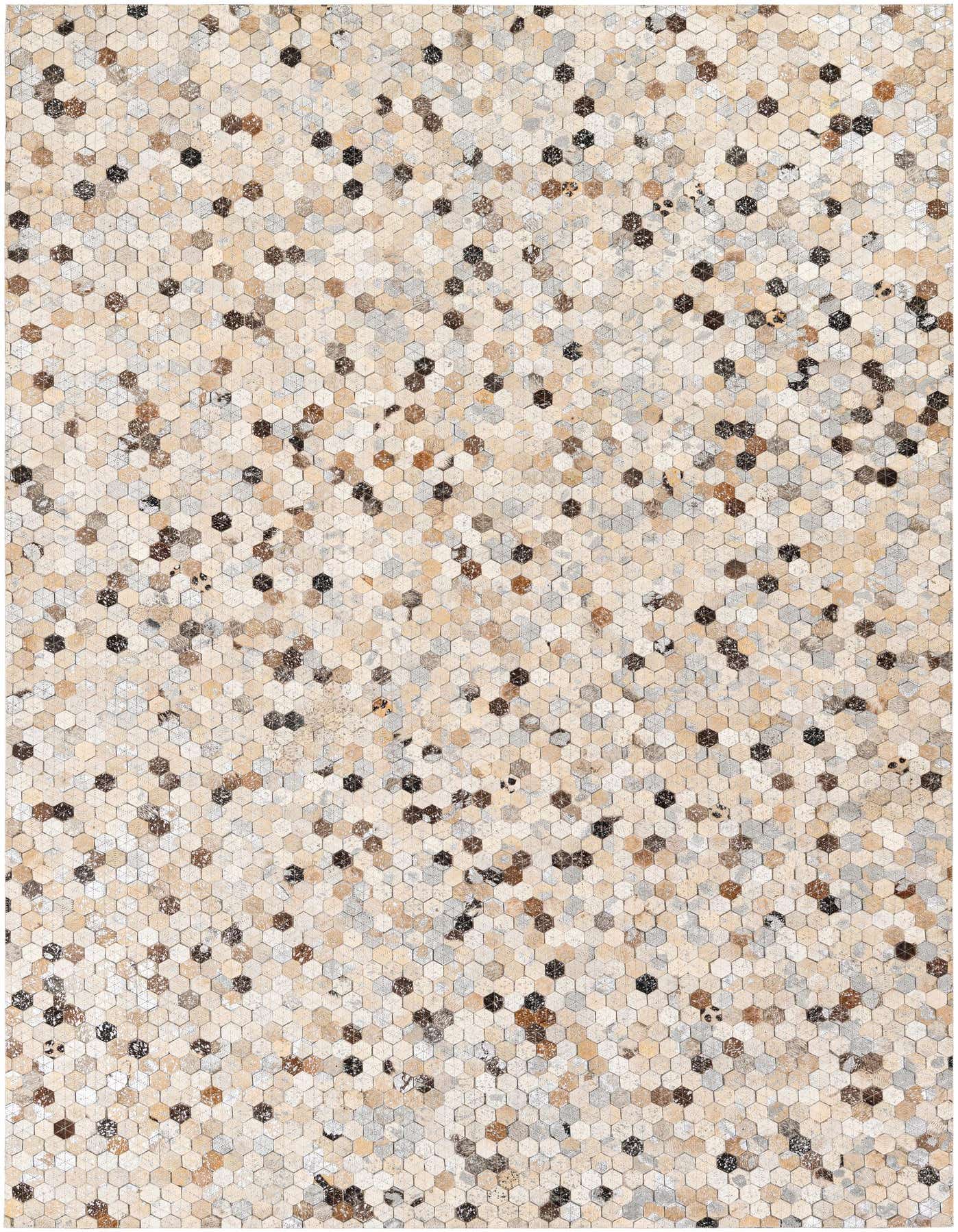 A 5x8 rectangular Cowhide Stocks rug featuring a modern multi-colored hexagonal pattern in natural shades of beige, brown, and gray.