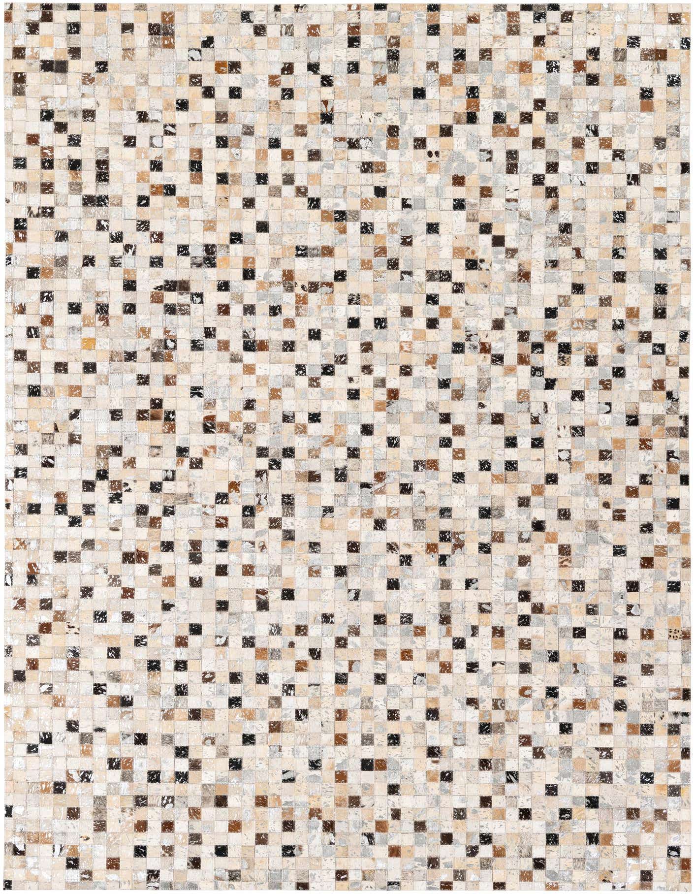A 5x8 rectangular Cowhide Stocks rug featuring a modern patchwork of multi-colored cowhide squares in various natural tones.