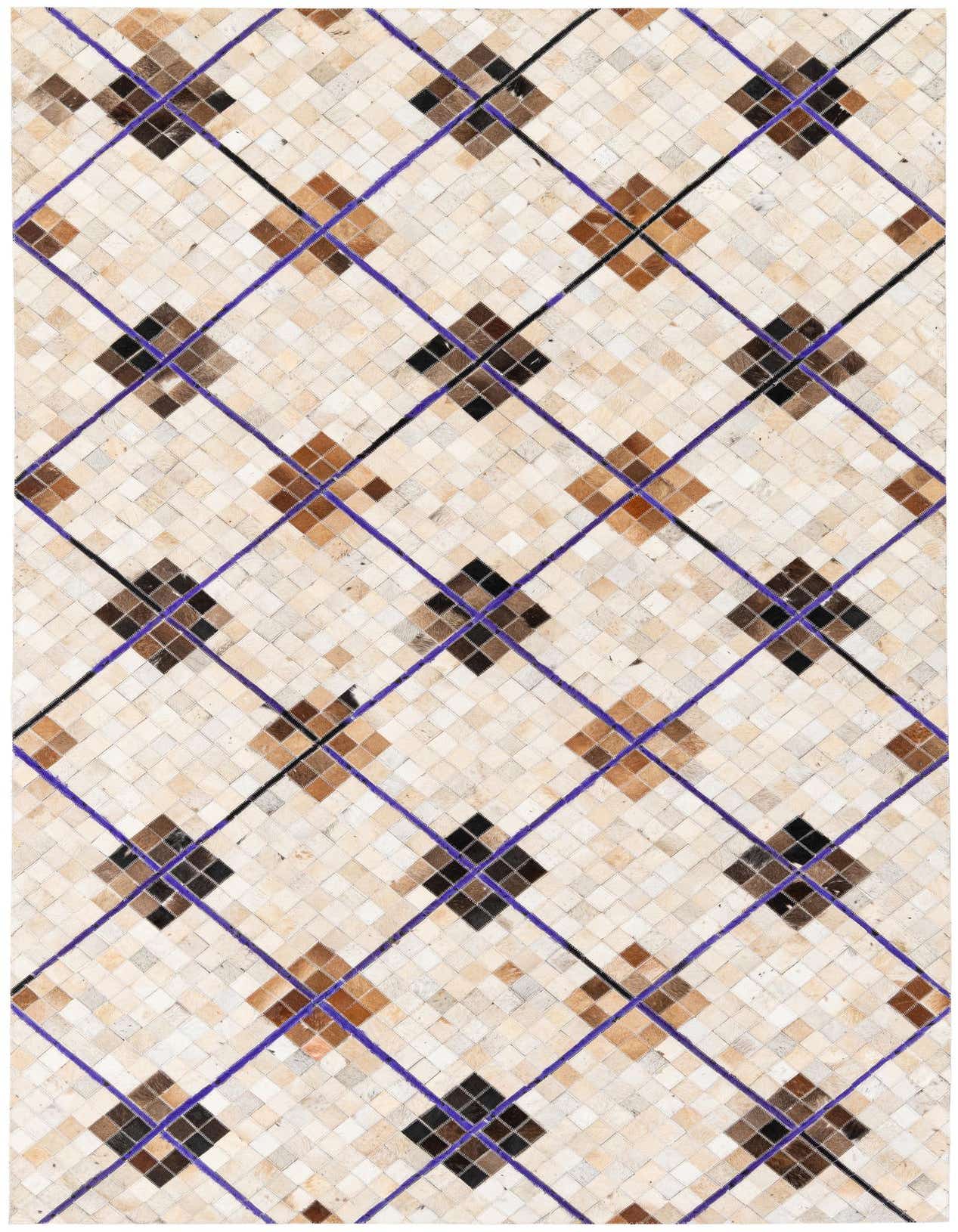 A rectangular 5x8 modern cowhide rug featuring a multi-colored argyle pattern with purple and black lines over a beige and brown patchwork.