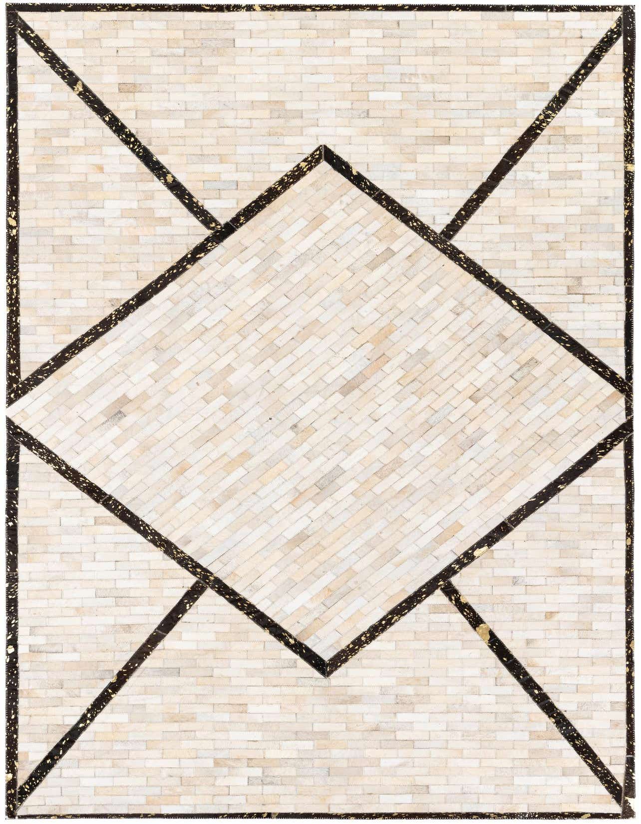 A 5x8 rectangular Cowhide Stocks rug featuring a modern geometric pattern with a large central diamond shape in varying light tones, framed by dark brown and gold speckled lines, on a background of similar light-toned cowhide rectangles.
