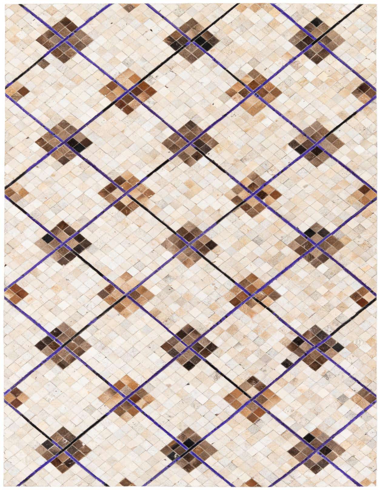 A 5x8 rectangular Cowhide Stocks rug featuring a modern argyle pattern in multi-colored cowhide and leather.