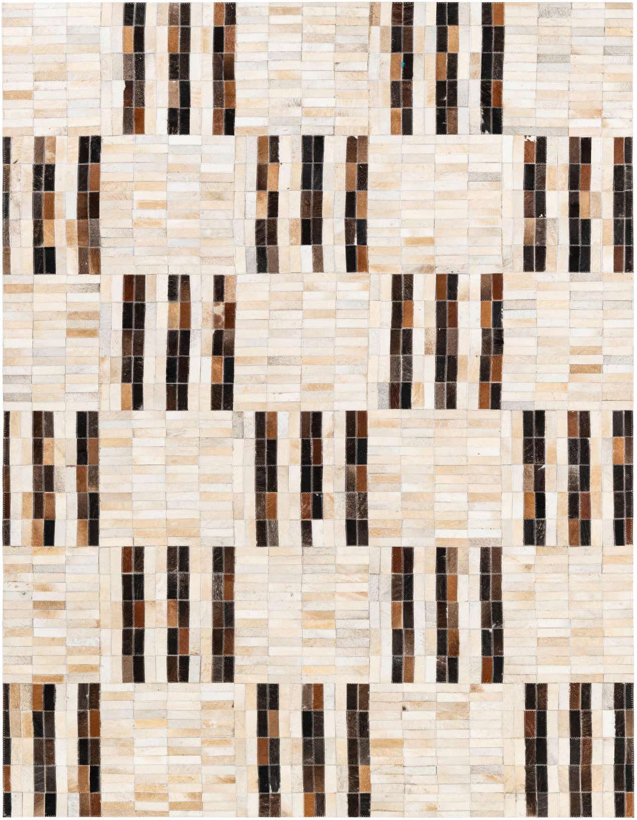 A 5x8 rectangular Cowhide Stocks rug featuring a multi-colored patchwork geometric pattern with varying shades of brown, black, and cream.