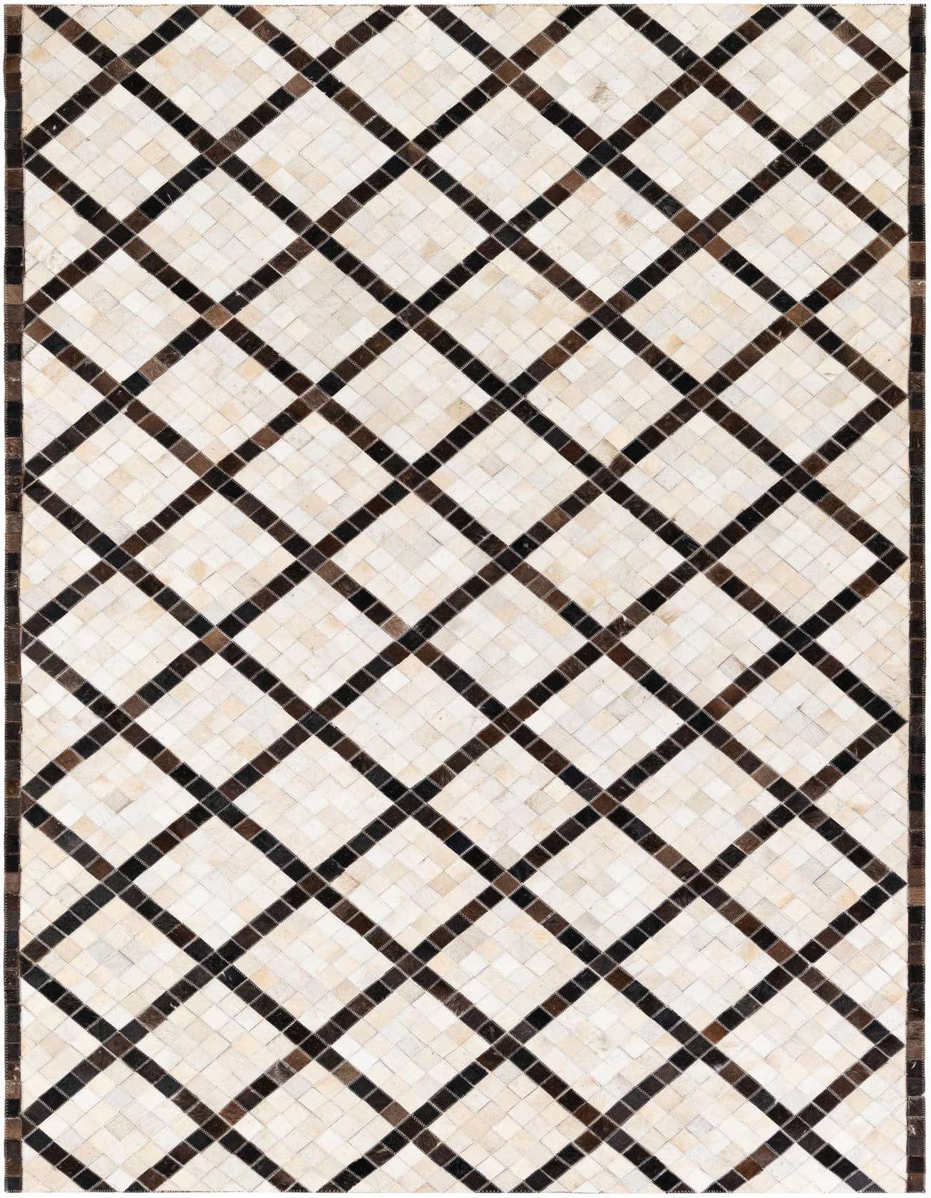 A 5x8 rectangular Cowhide Stocks rug featuring a modern multi-colored diamond pattern with light and dark brown squares.