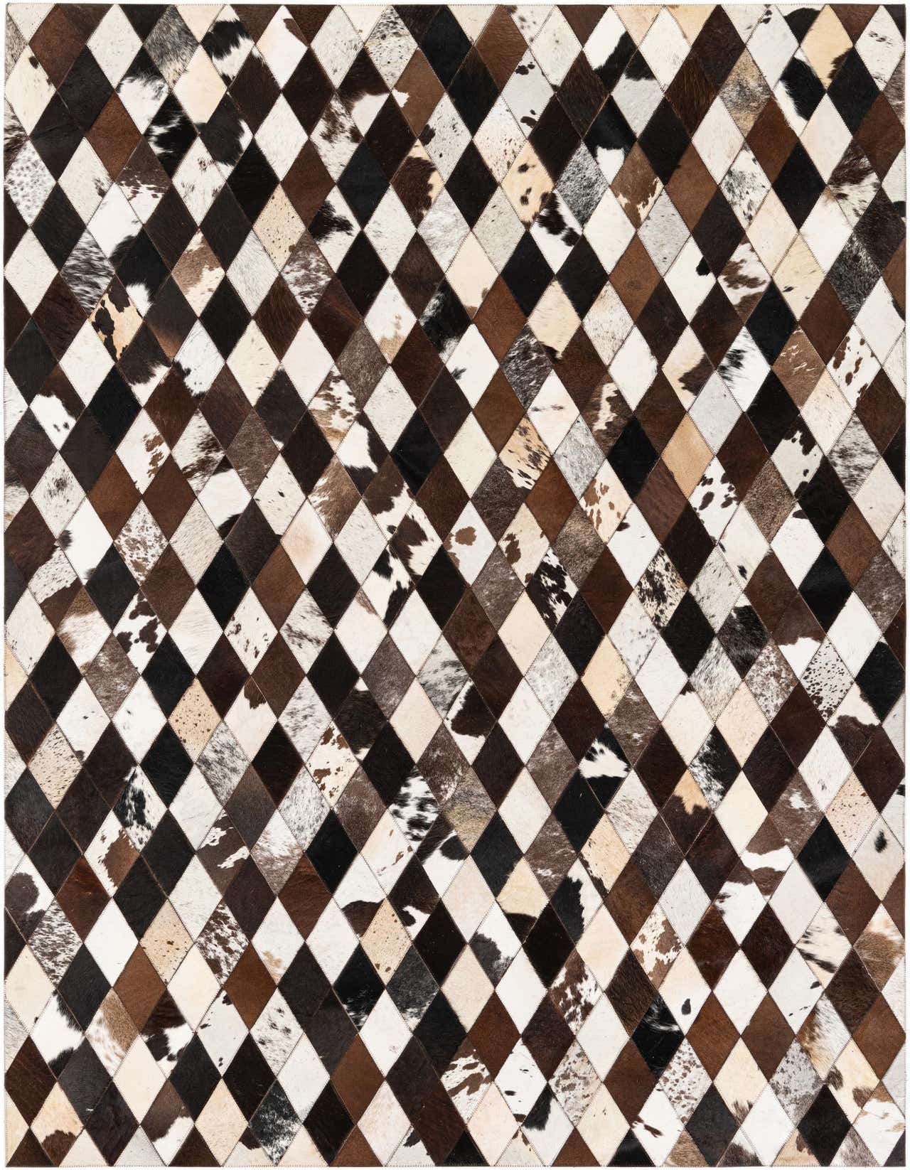 A 5x8 rectangular Cowhide Stocks rug featuring a modern diamond pattern in multi-colored natural cowhide patches.
