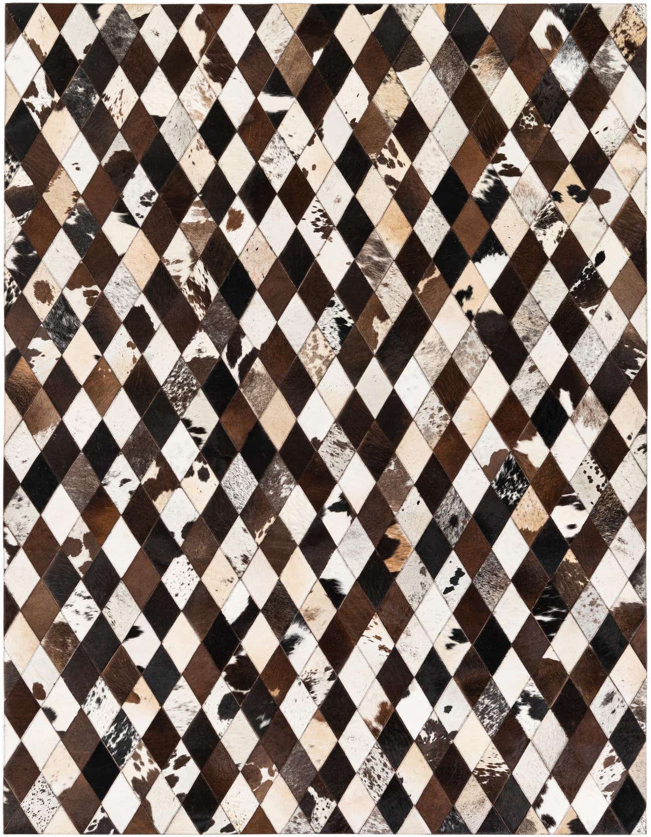 A 5x8 rectangular Cowhide Stocks rug featuring a modern diamond pattern in multi-colored natural cowhide patches.